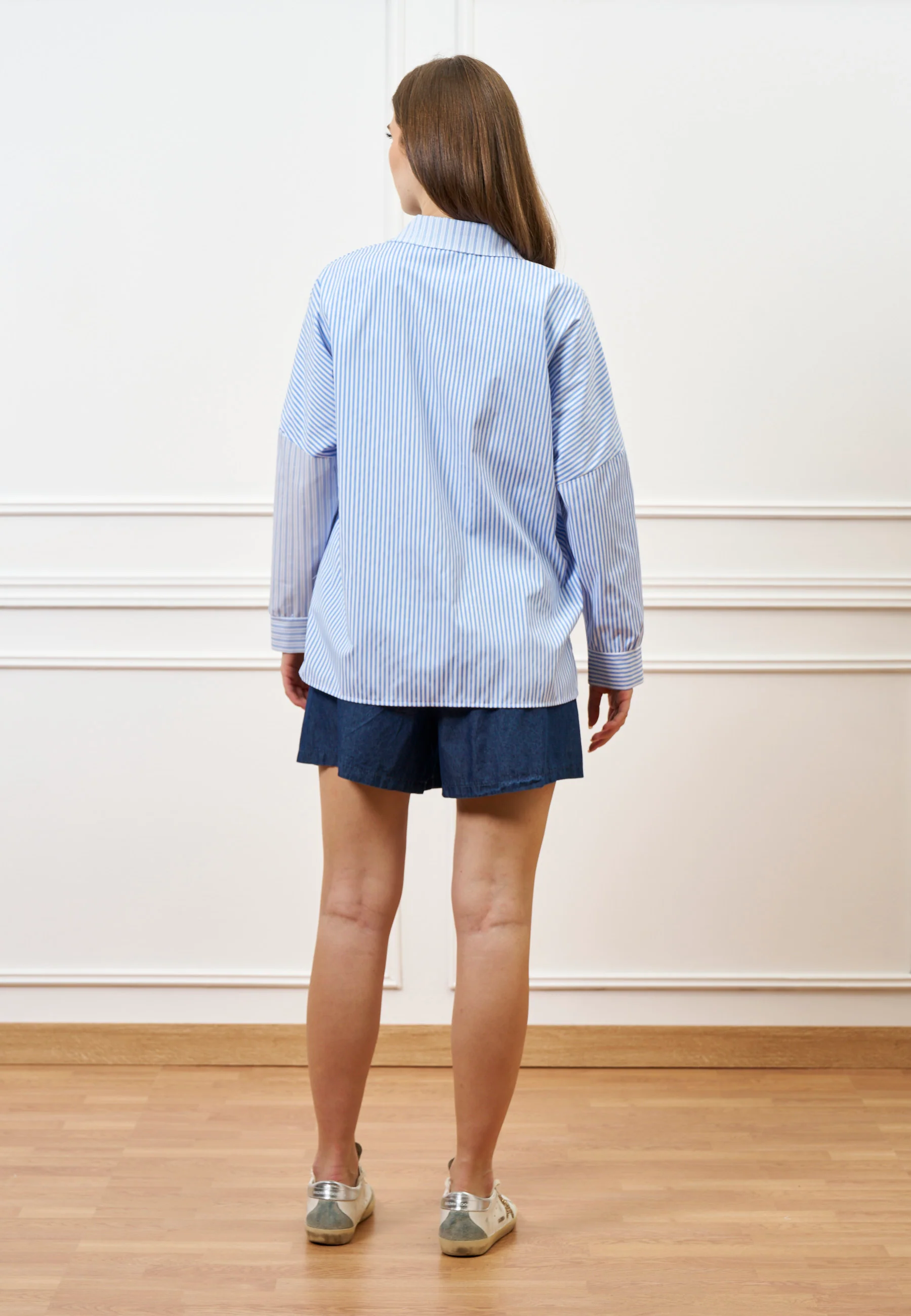 Bermuda con elastico vita in chambray - BLU - Image 7