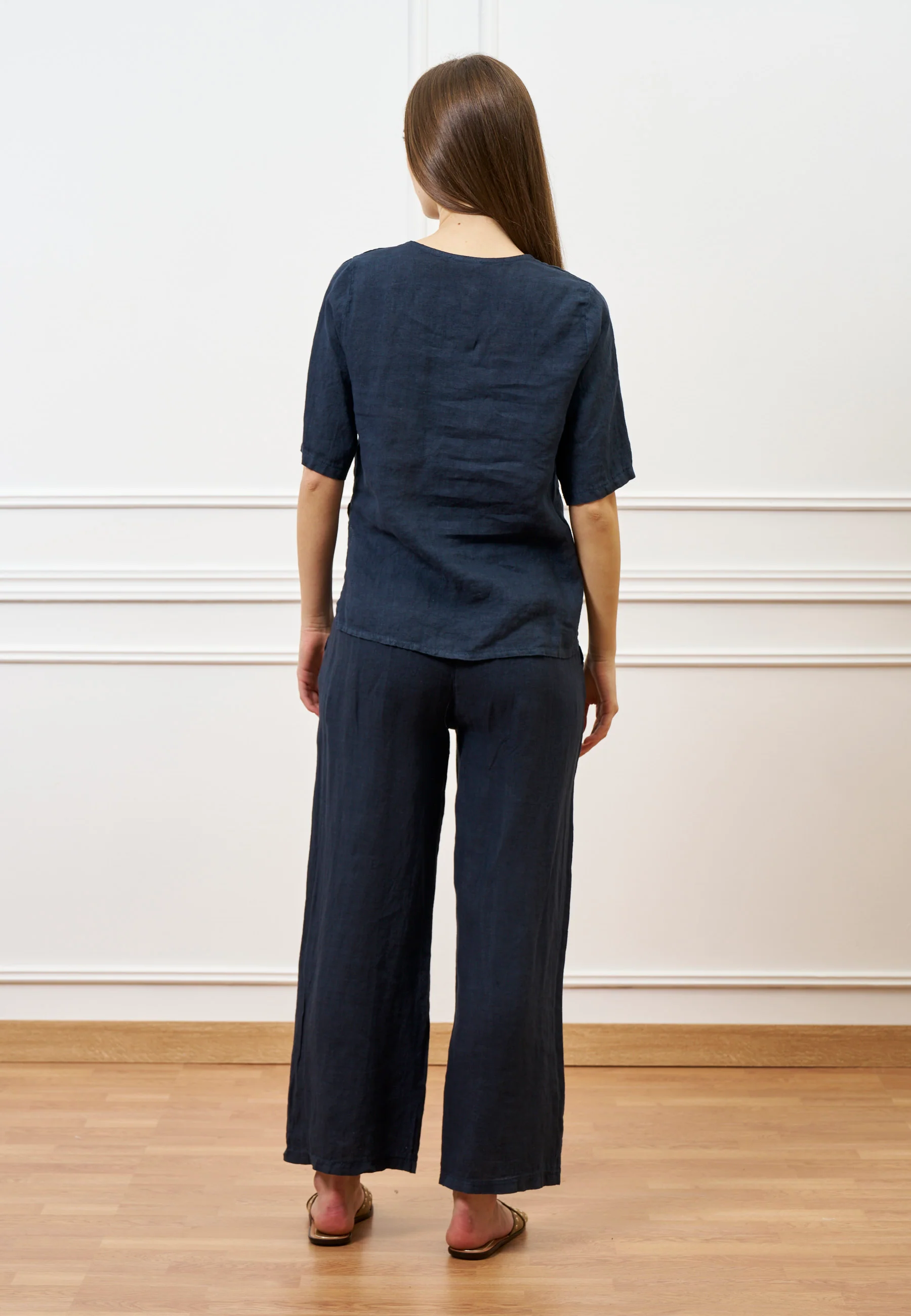 Blusa con scollo a V in lino - BLU - Image 5