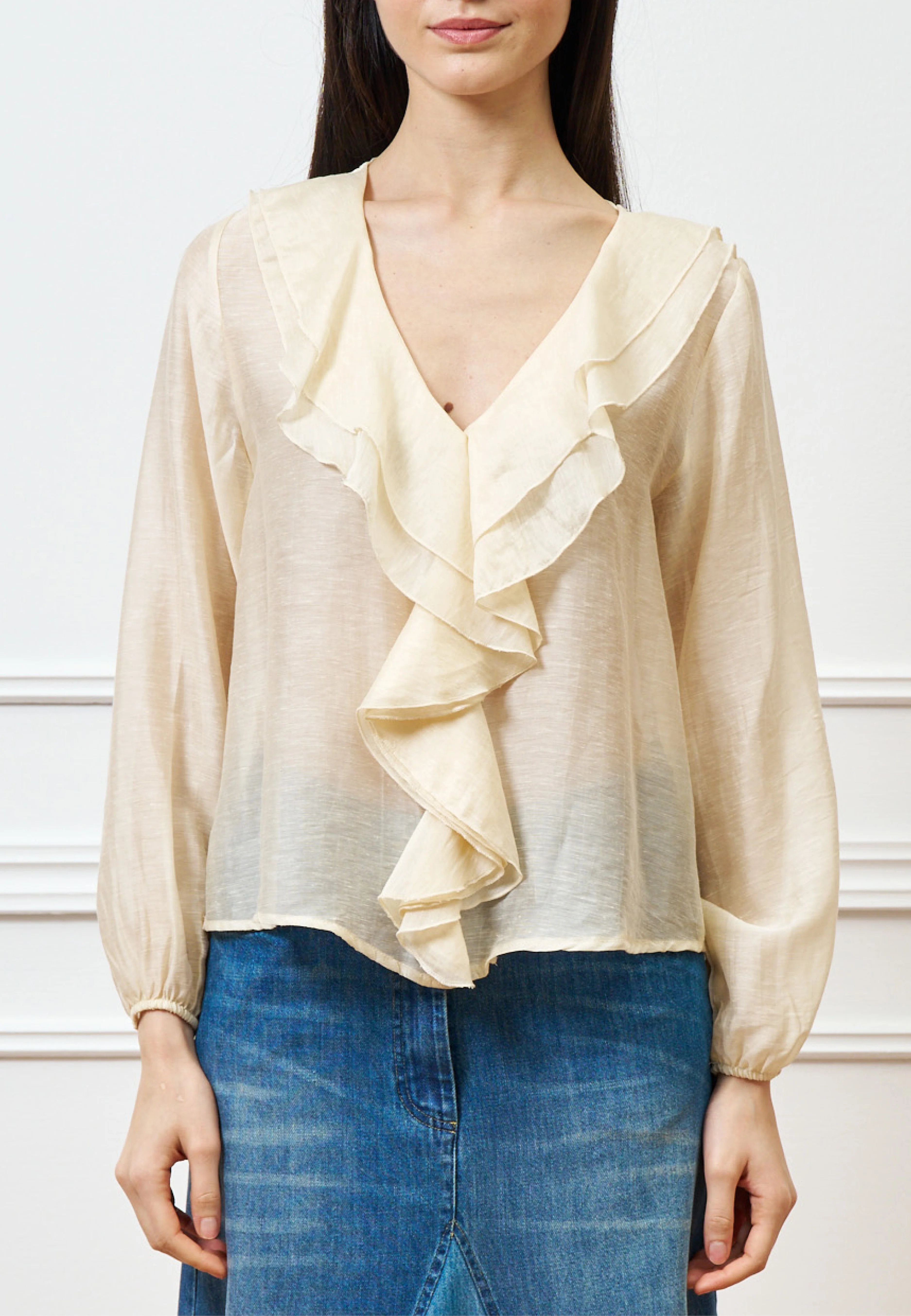 Blusa con volant frontale in mussola - AVORIO - Image 2