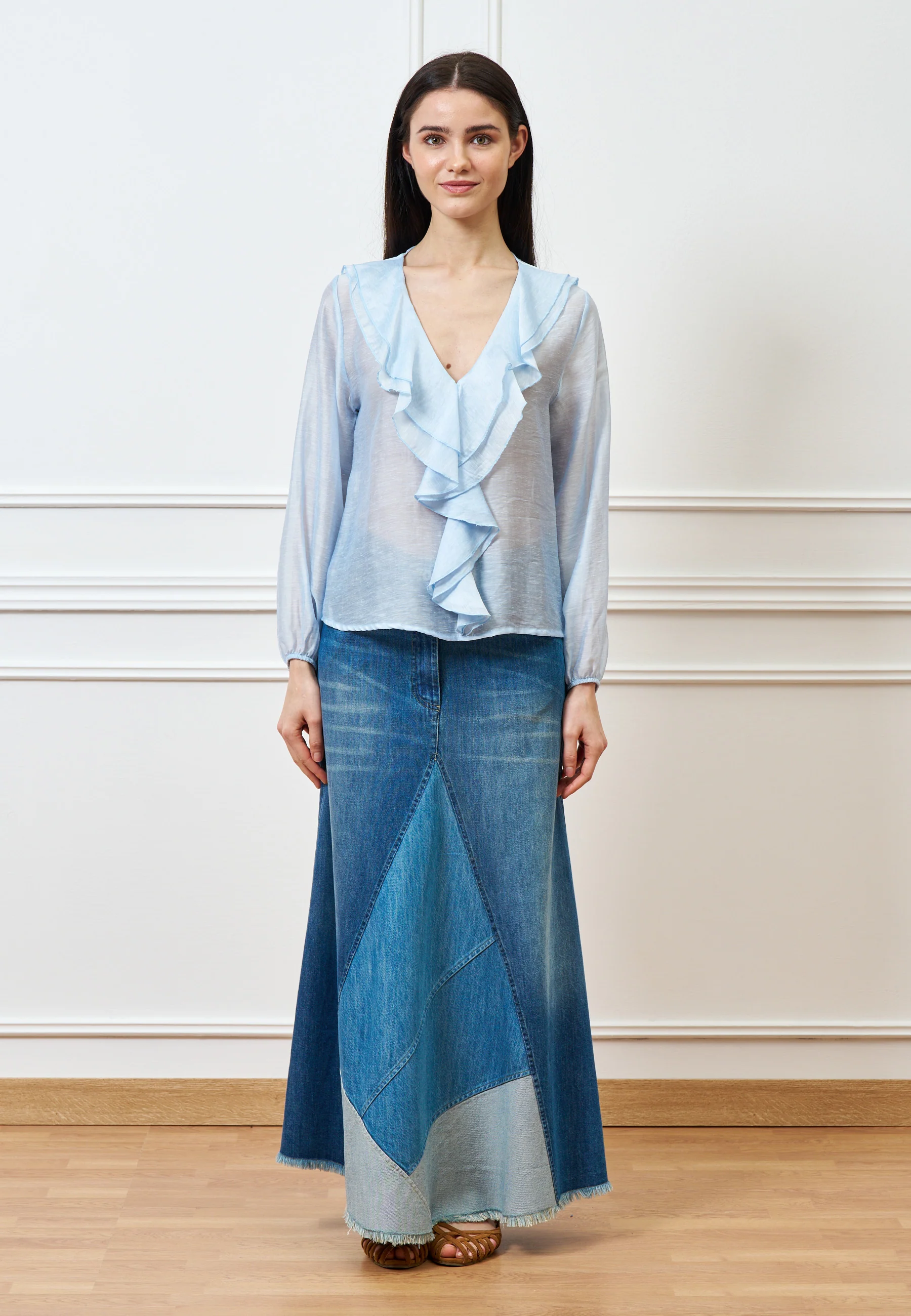 Blusa con volant frontale in mussola - AZZURRO - Image 2