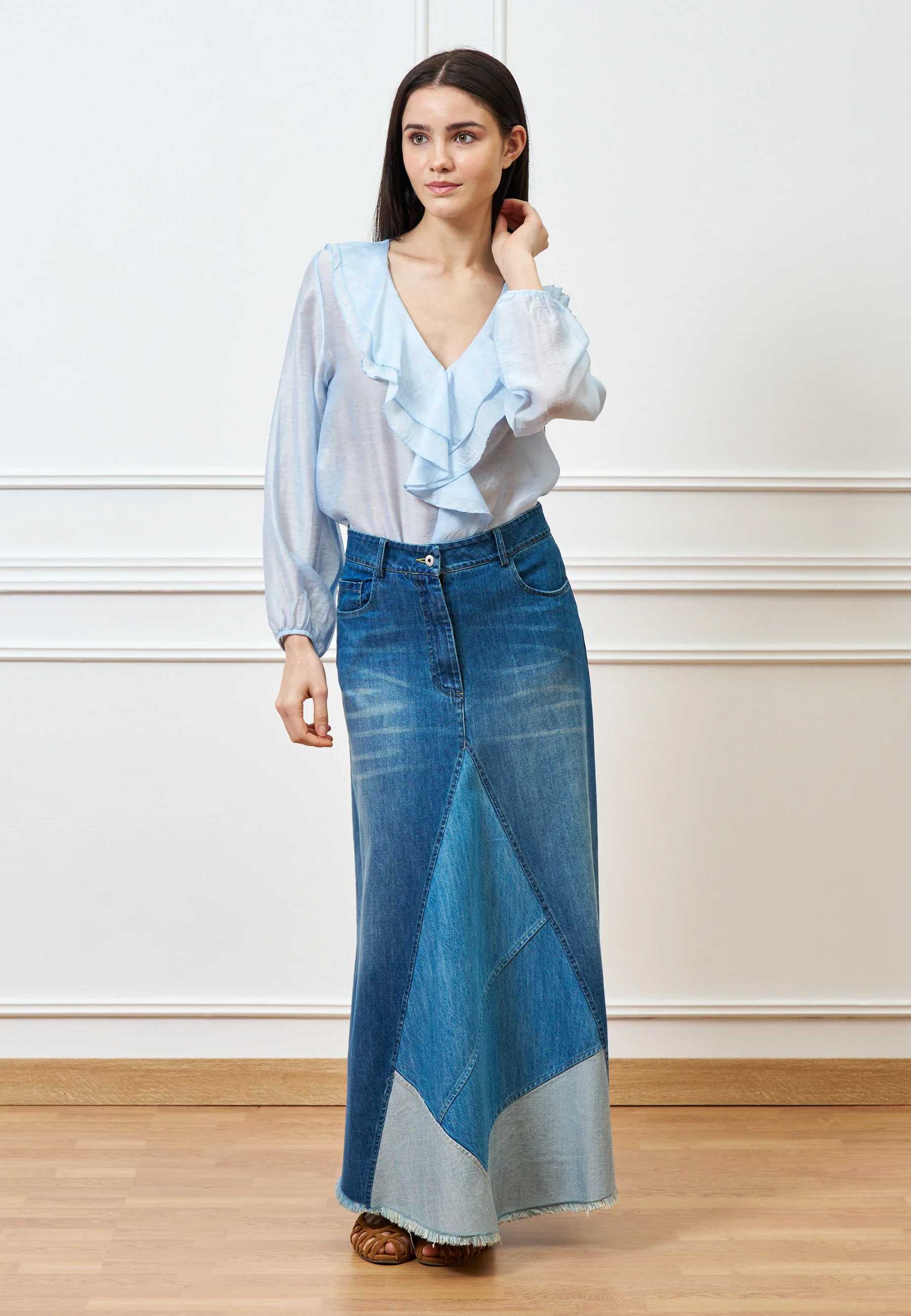 Blusa con volant frontale in mussola - AZZURRO - Image 3