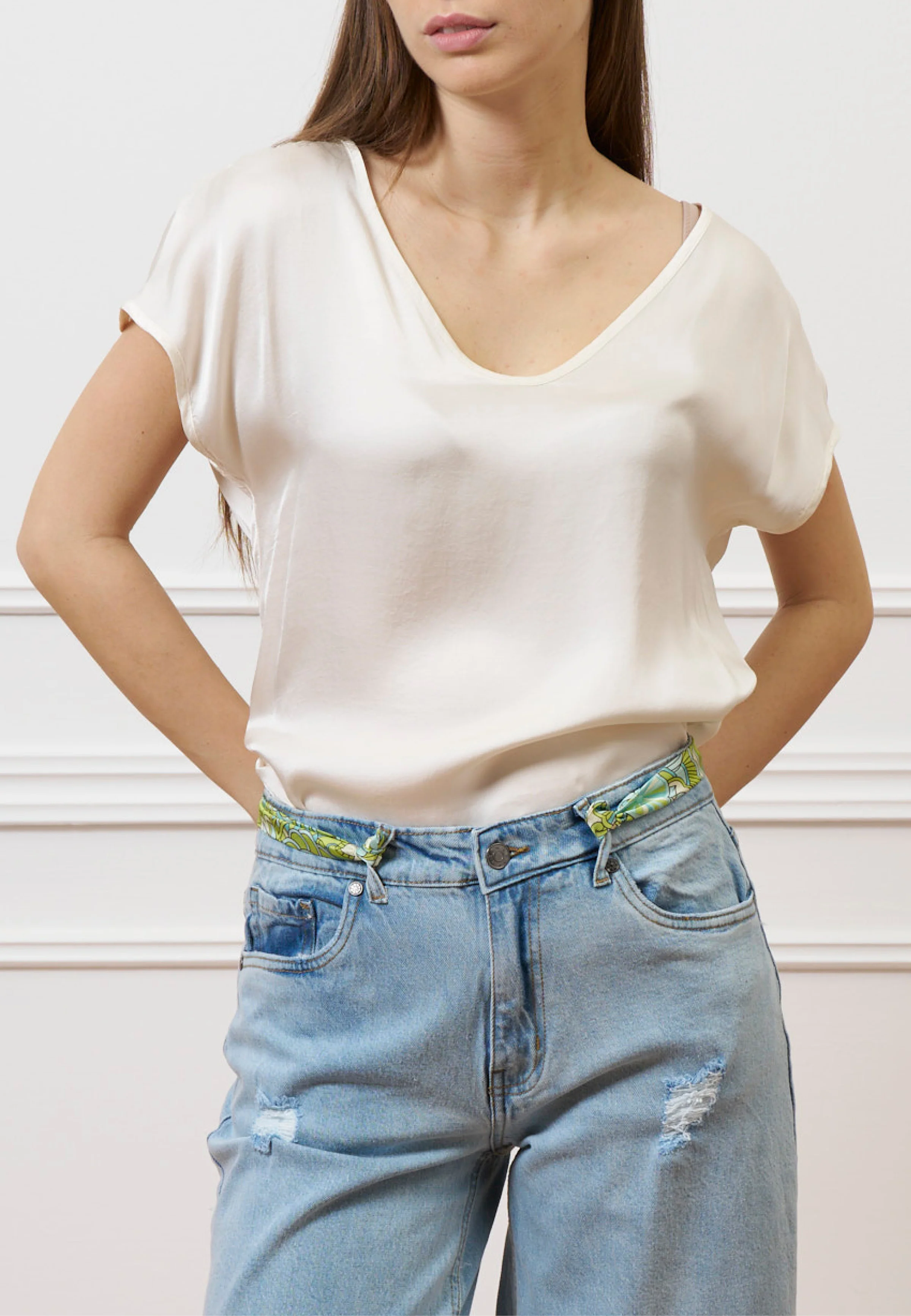 Blusa in raso a maniche corte - AVORIO
