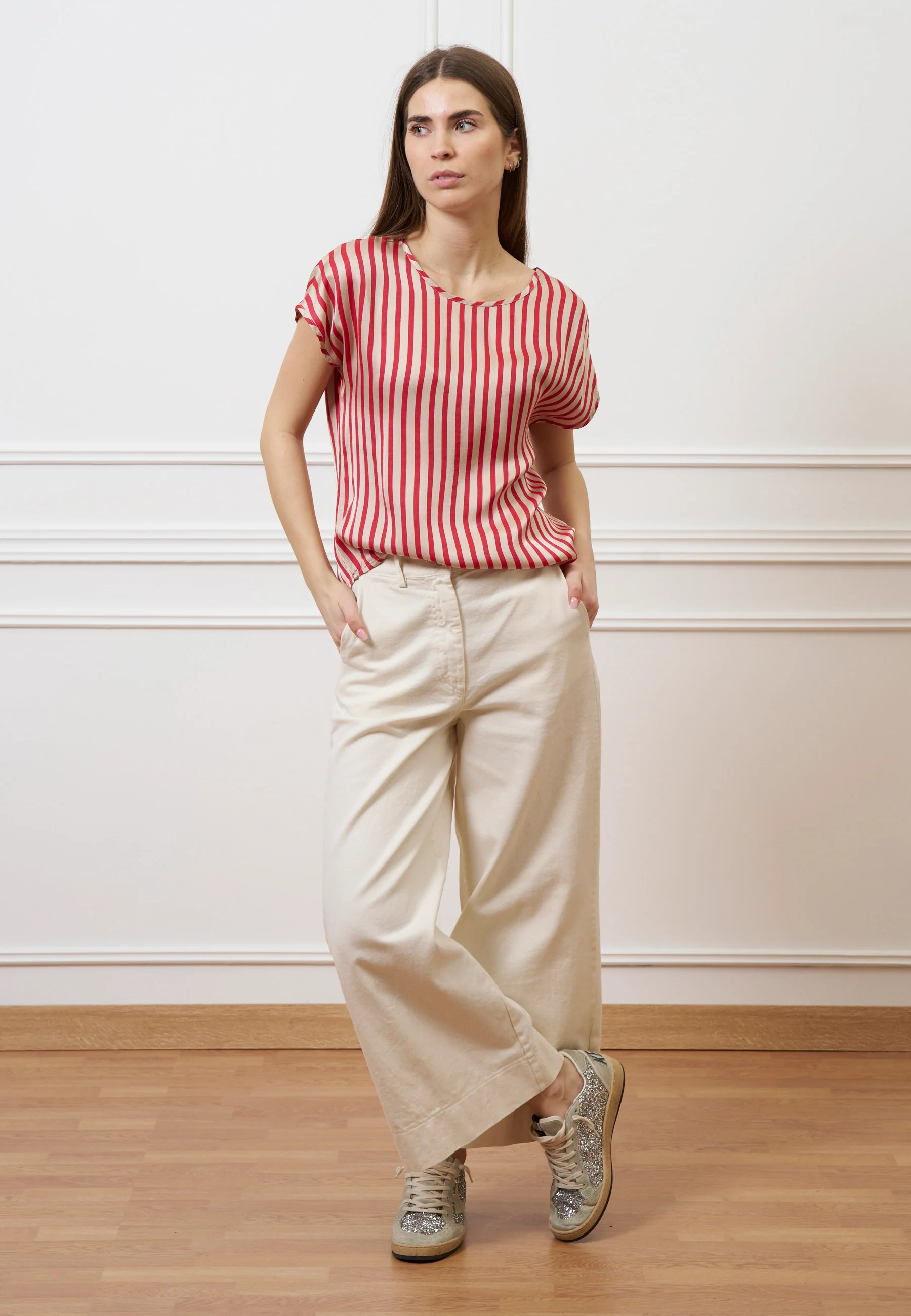 Blusa in raso a righe - ROSSO/BEIGE - Image 3