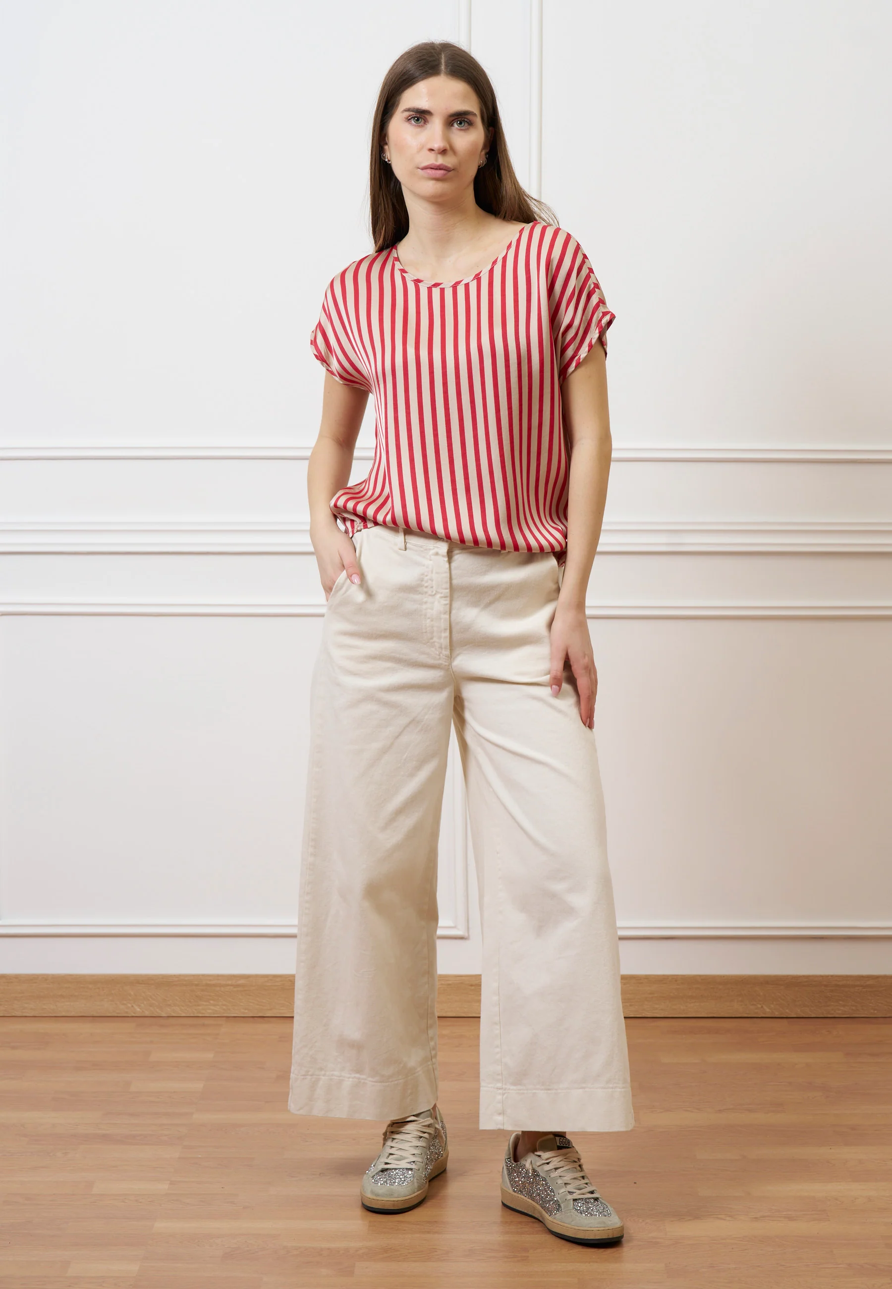 Blusa in raso a righe - ROSSO/BEIGE - Image 4