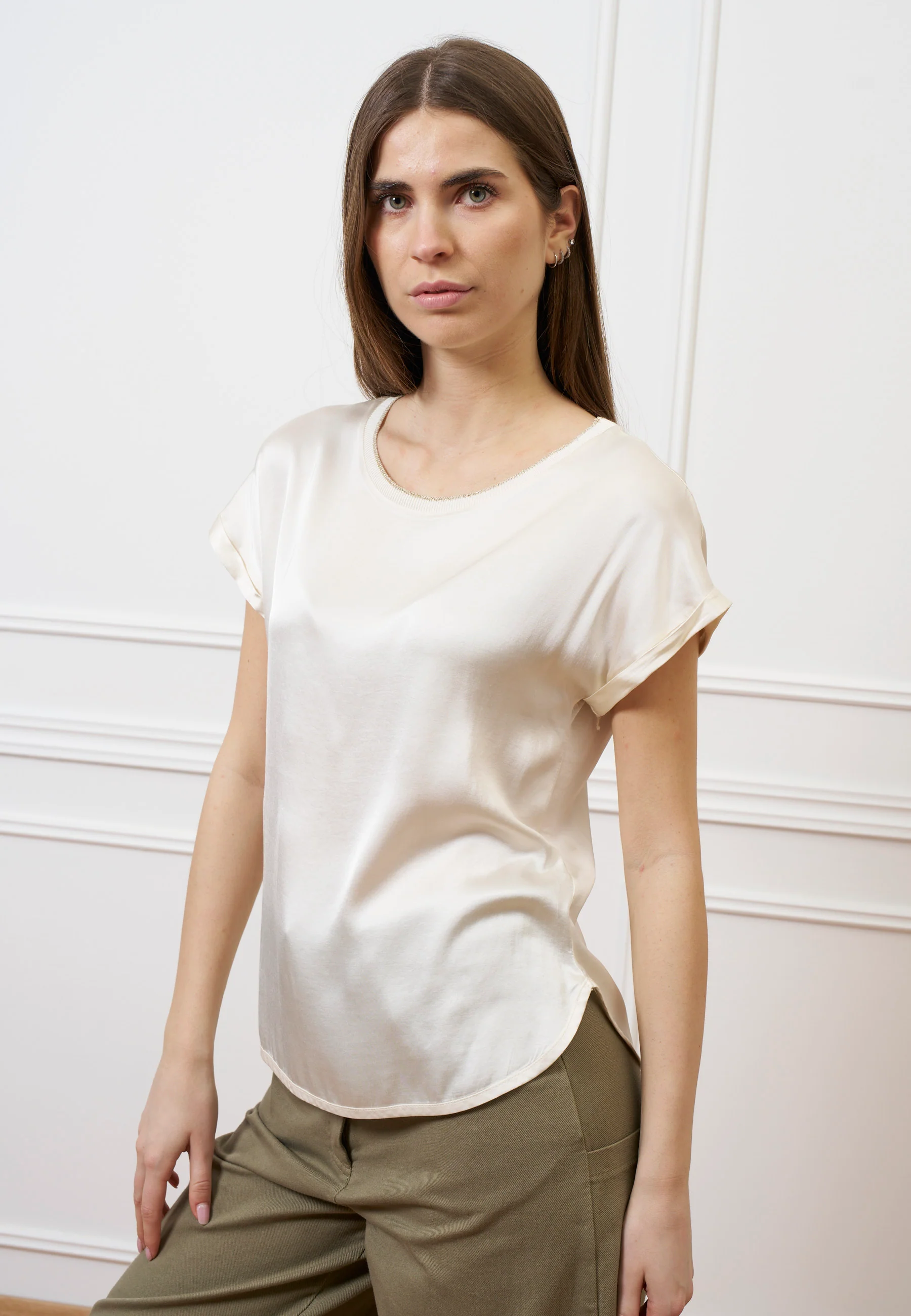 Blusa in raso con profilo lurex - AVORIO - Image 2