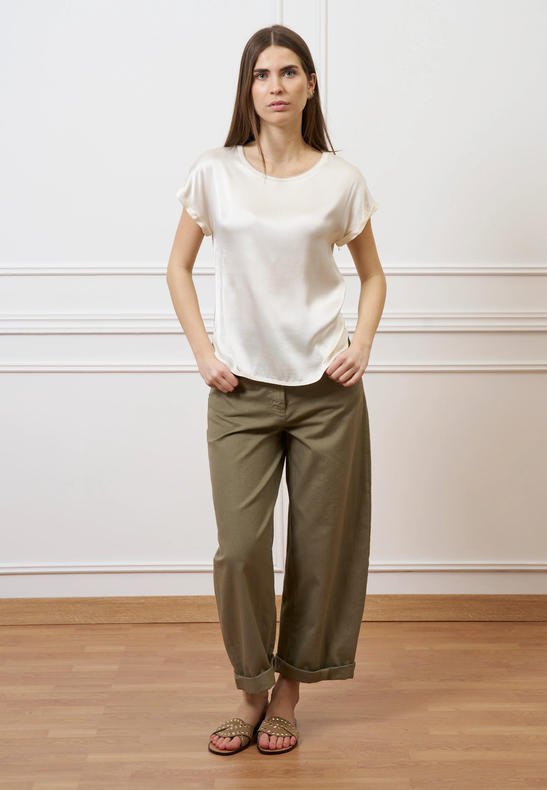 Blusa in raso con profilo lurex - AVORIO - Image 3