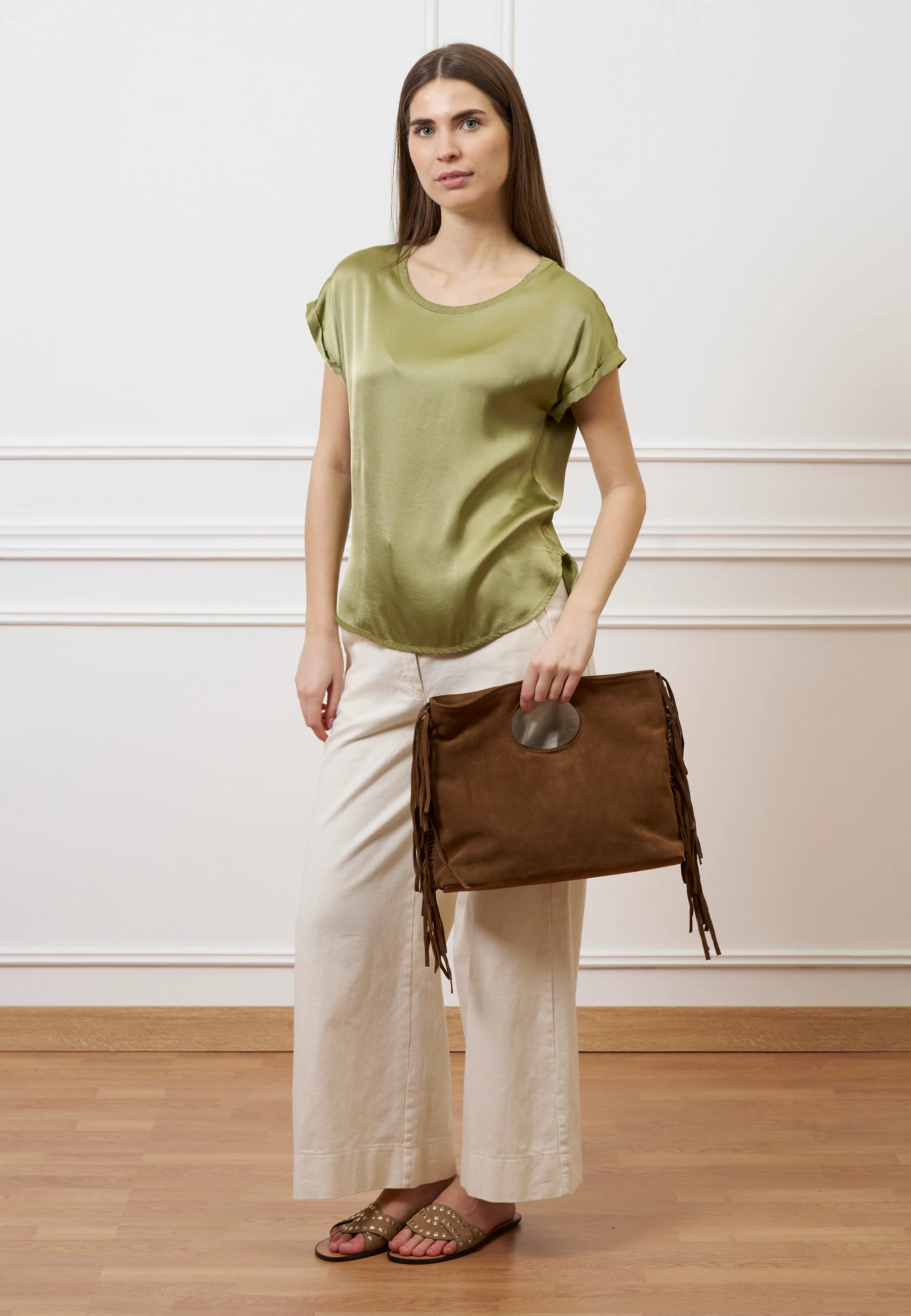 Blusa in raso con profilo lurex - SALVIA - Image 4