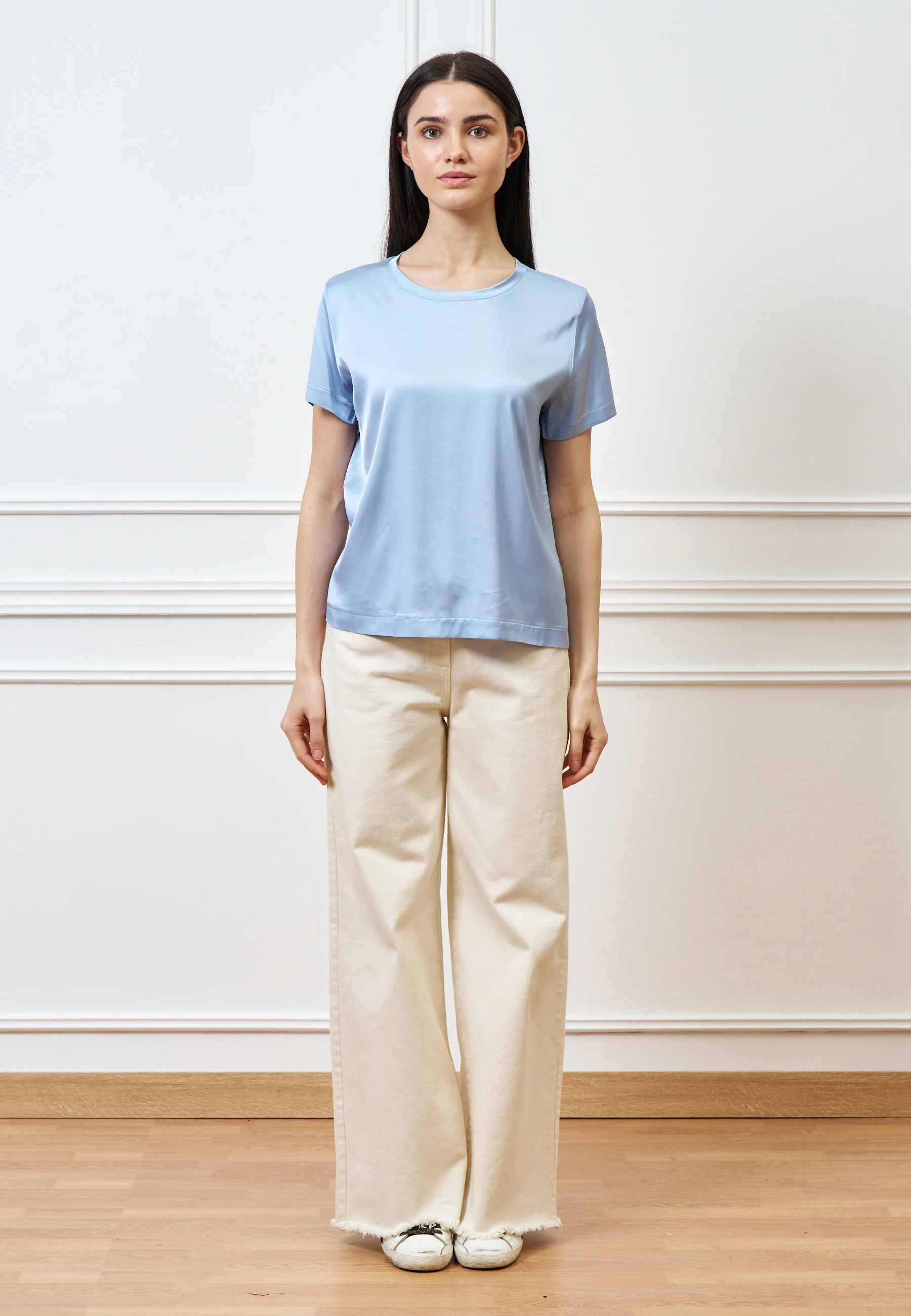 Blusa in raso di viscosa - CELESTE - Image 3