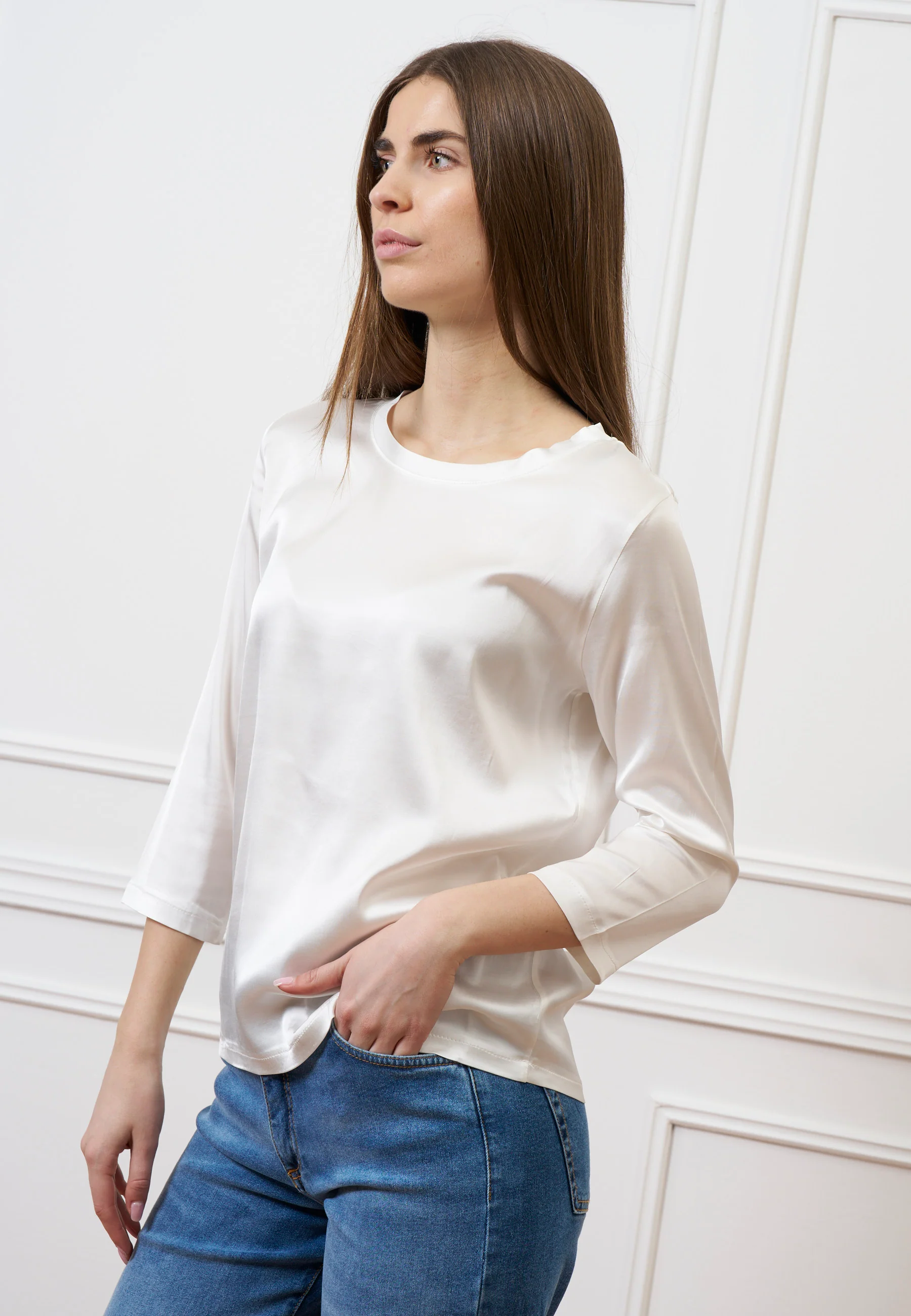 Blusa in raso maniche trequarti  - AVORIO - Image 3