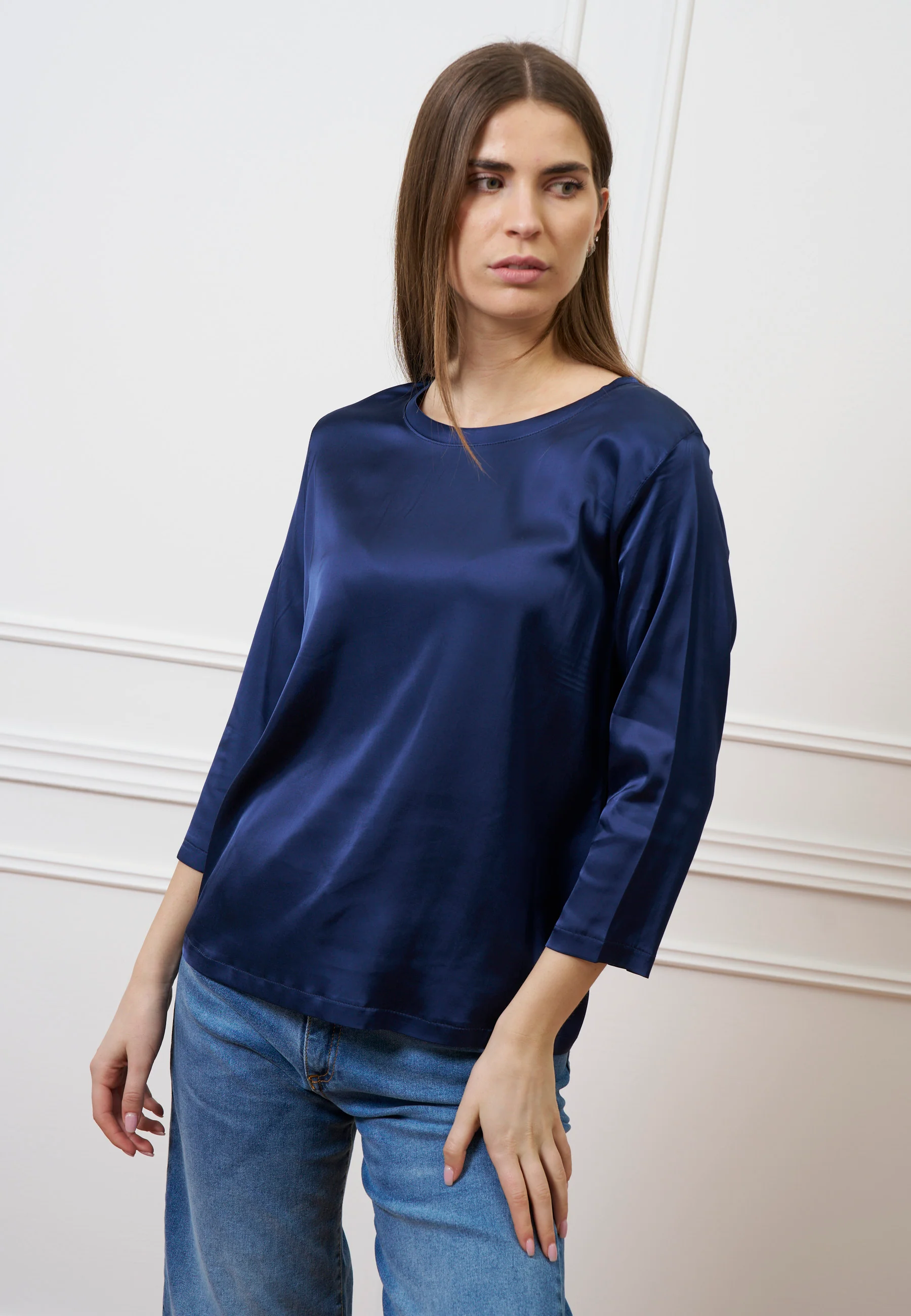 Blusa in raso maniche trequarti  - BLU - Image 3