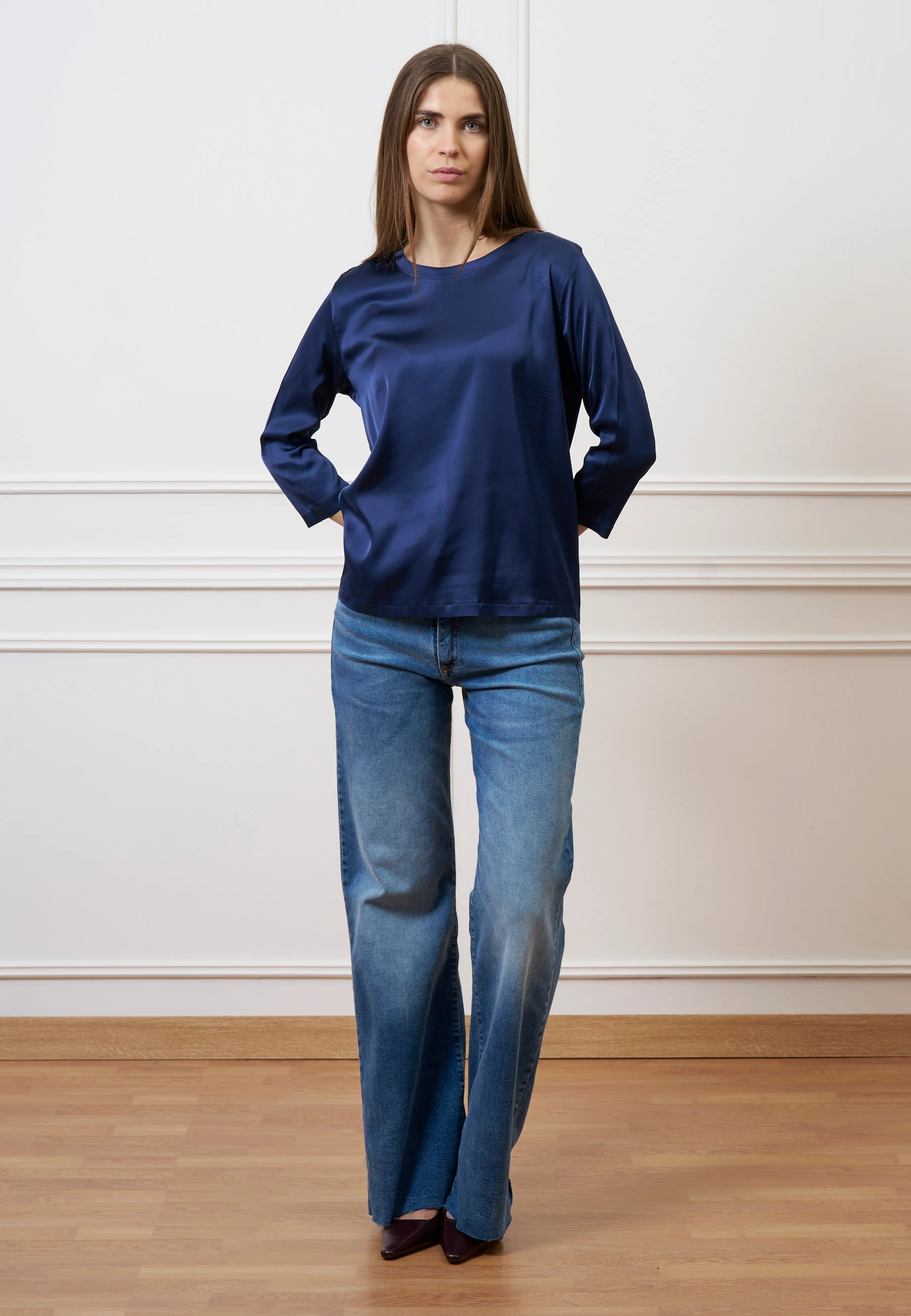Blusa in raso maniche trequarti  - BLU - Image 4