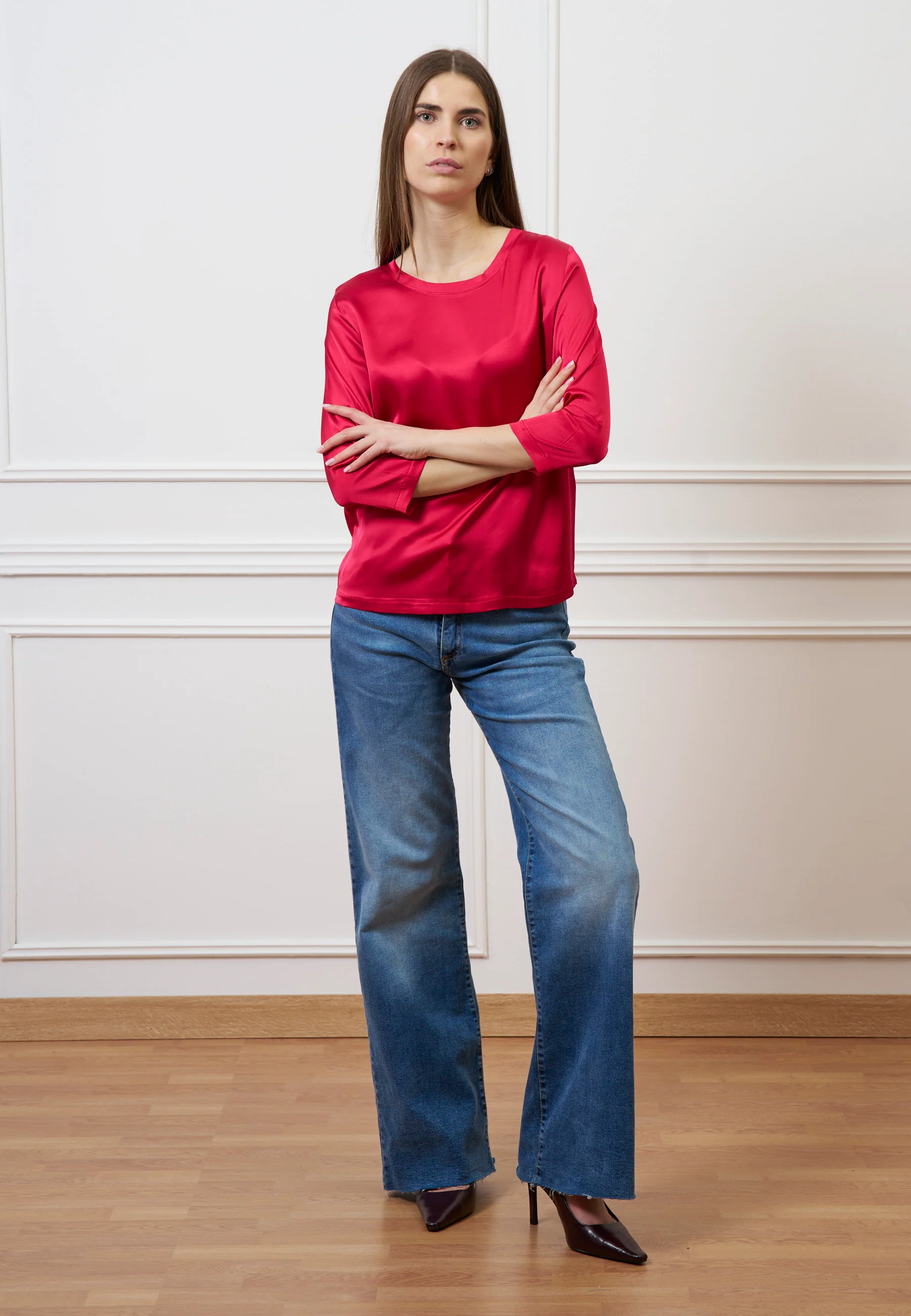 Blusa in raso maniche trequarti  - ROSSO - Image 4