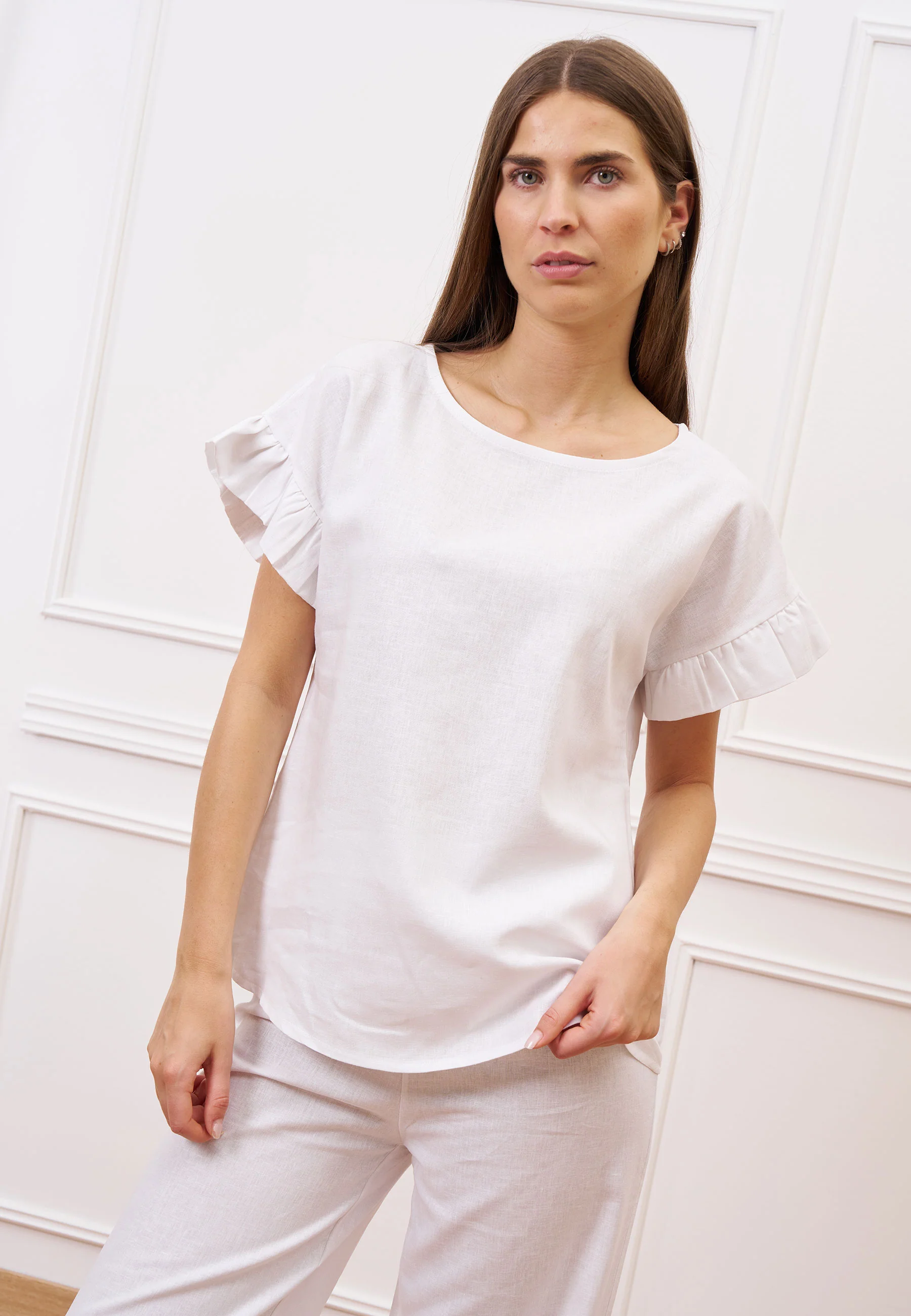 Blusa misto lino con volant maniche - BIANCO
