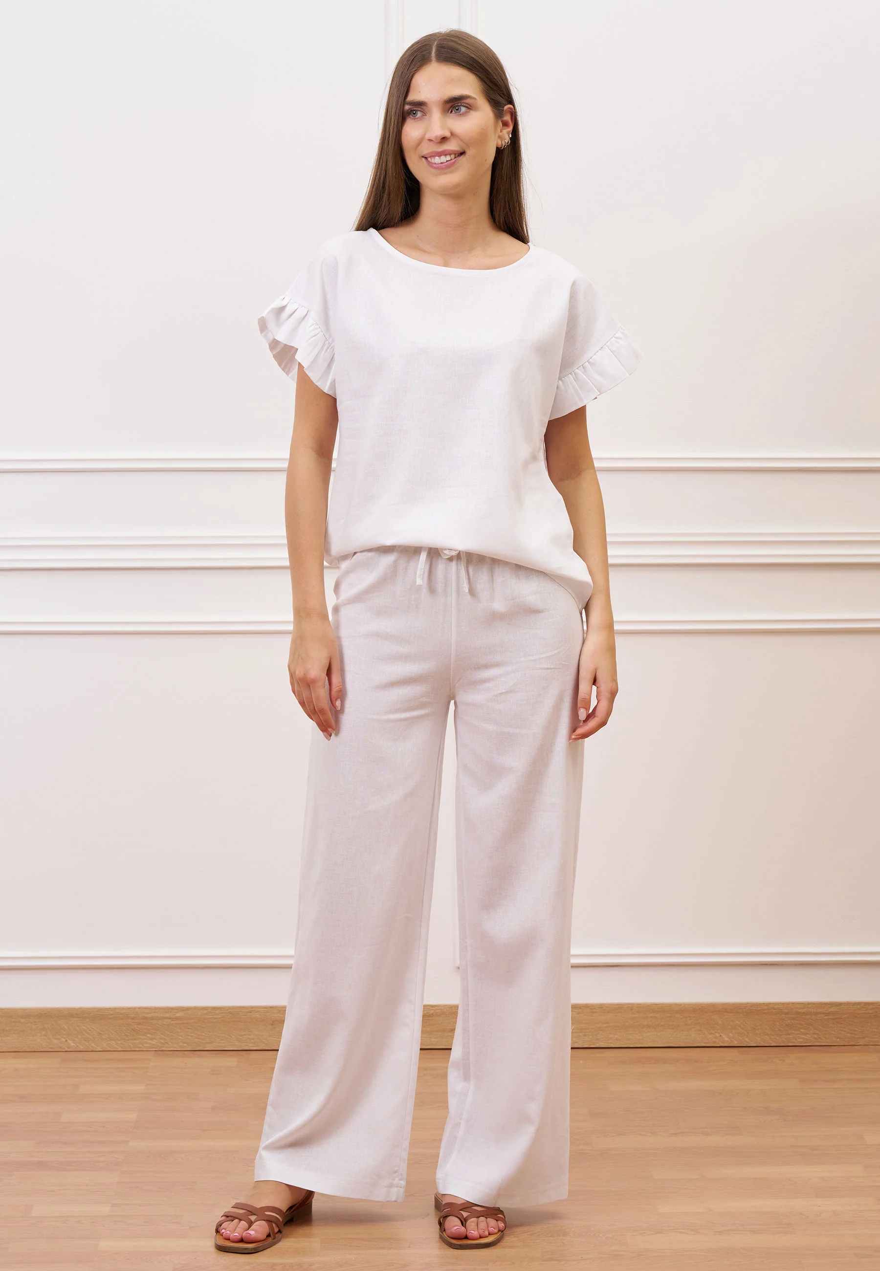 Blusa misto lino con volant maniche - BIANCO - Image 2
