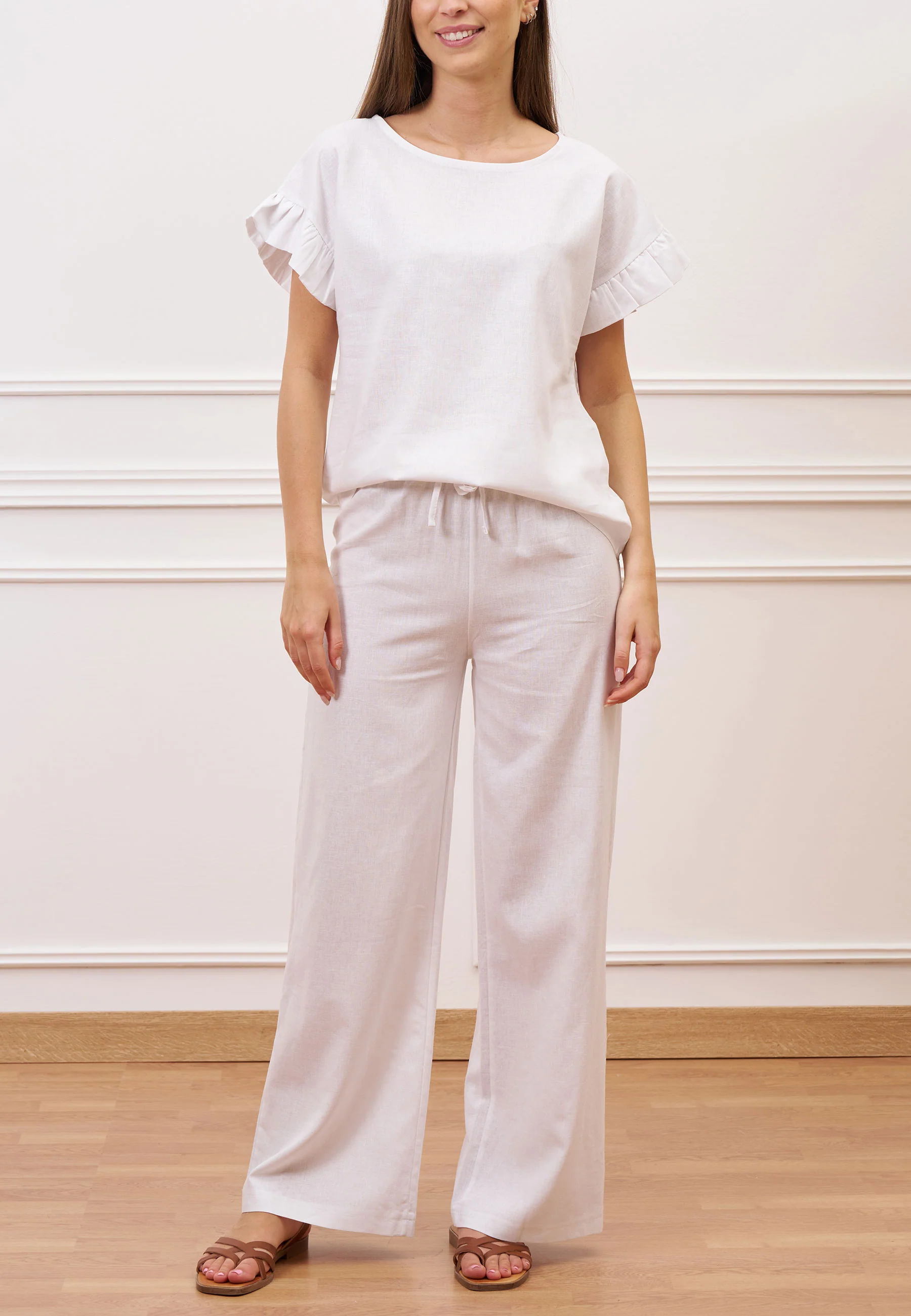 Blusa misto lino con volant maniche - BIANCO - Image 3
