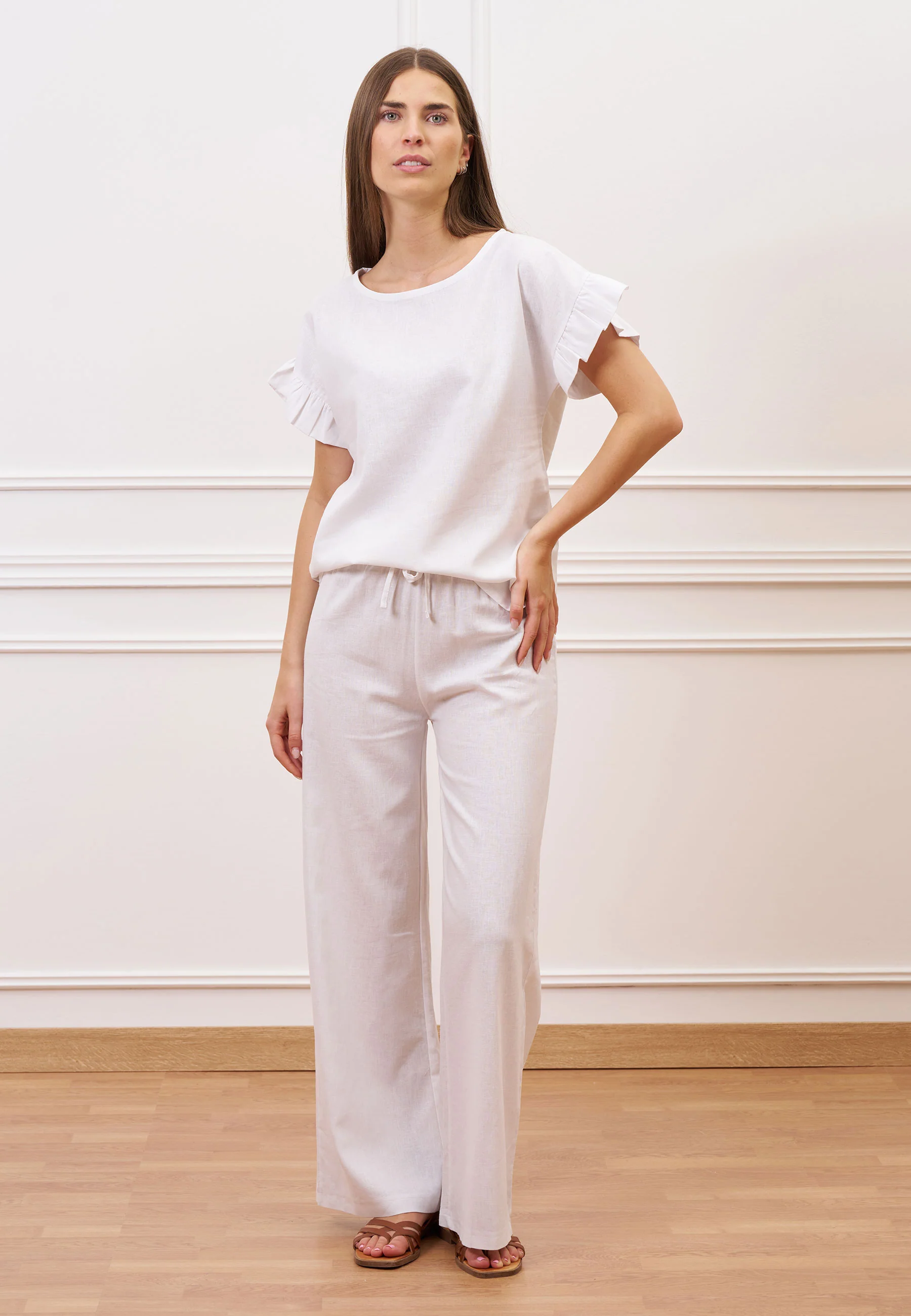 Blusa misto lino con volant maniche - BIANCO - Image 4