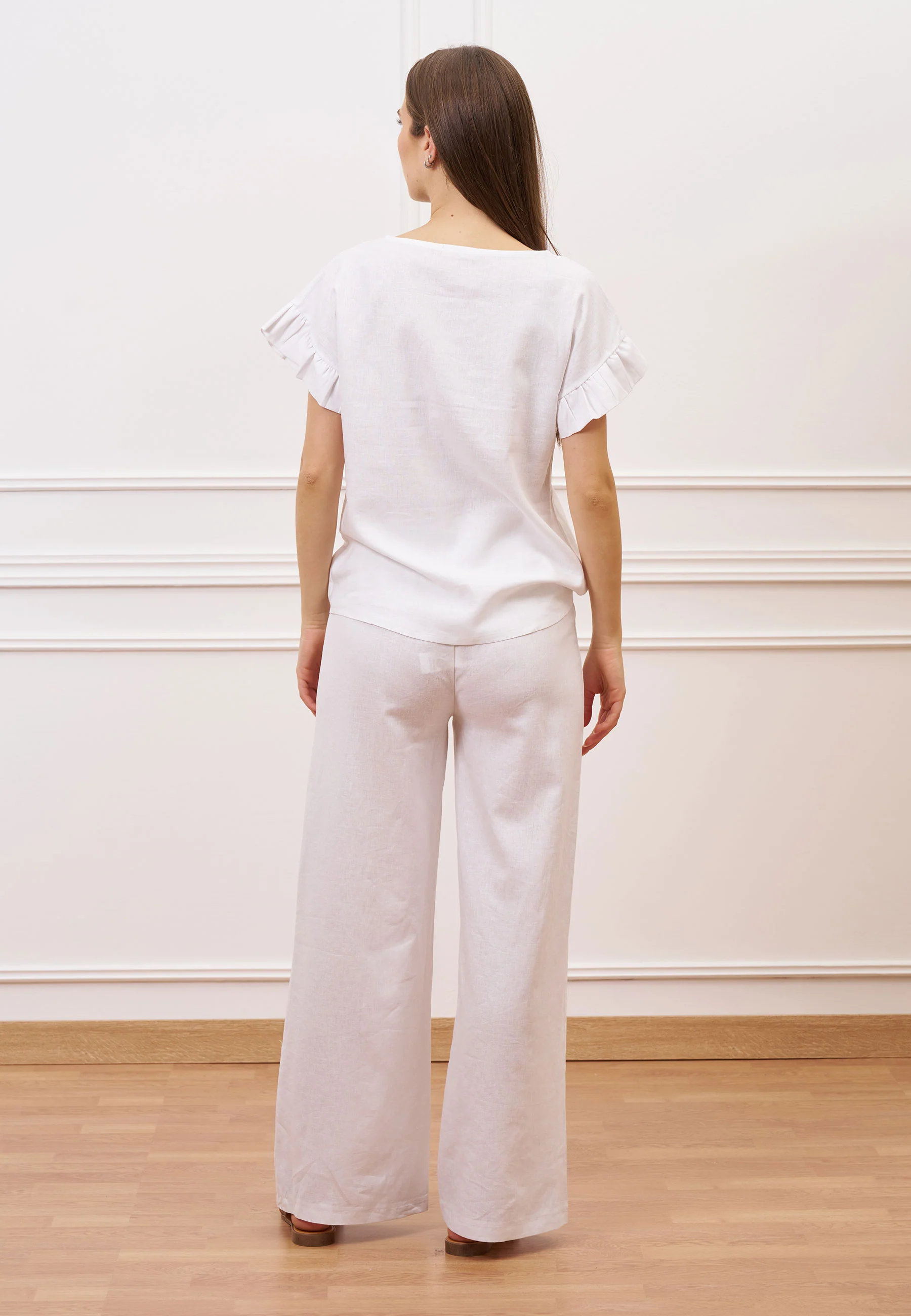 Blusa misto lino con volant maniche - BIANCO - Image 5