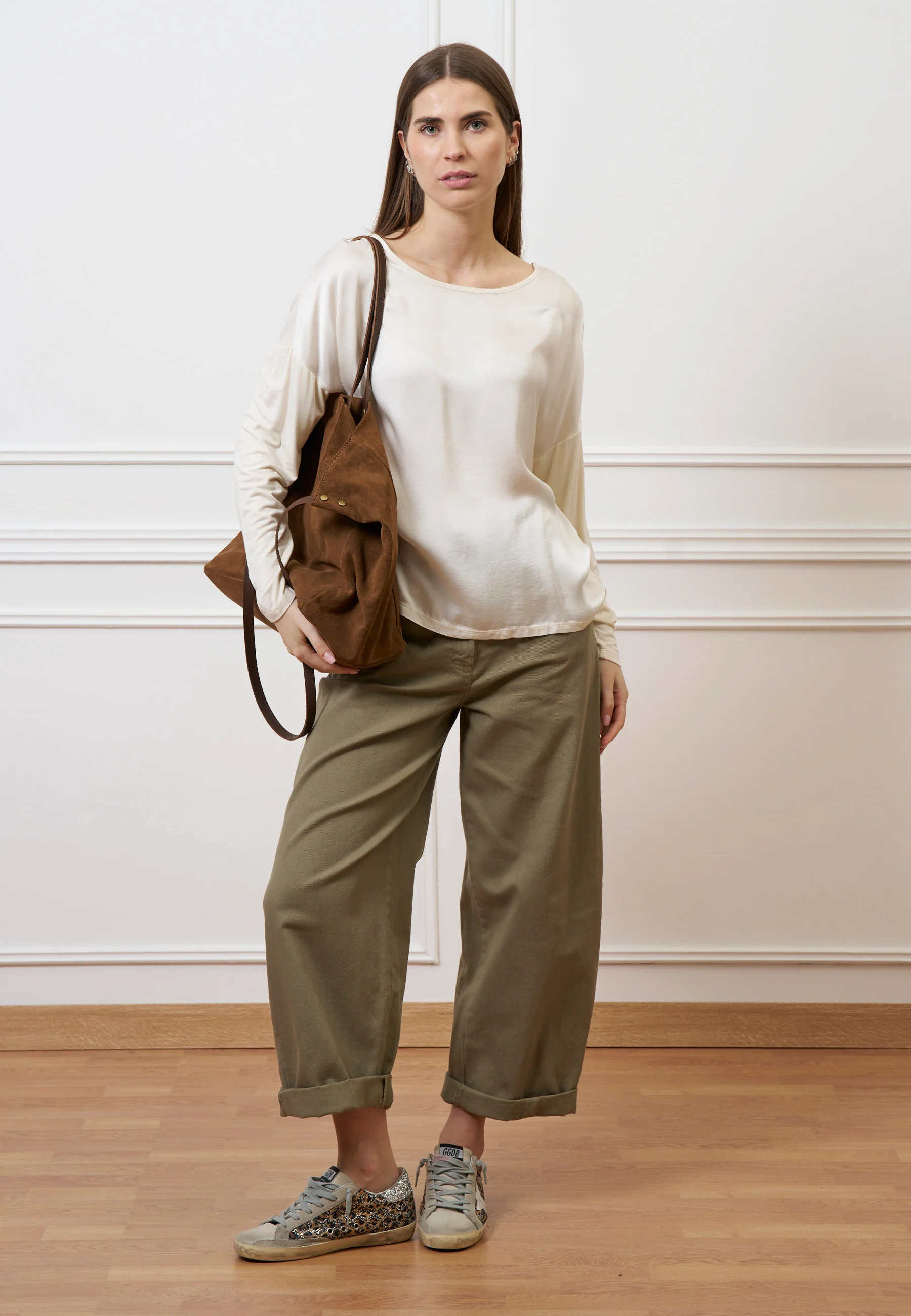 Blusa over in raso e jersey - AVORIO - Image 2