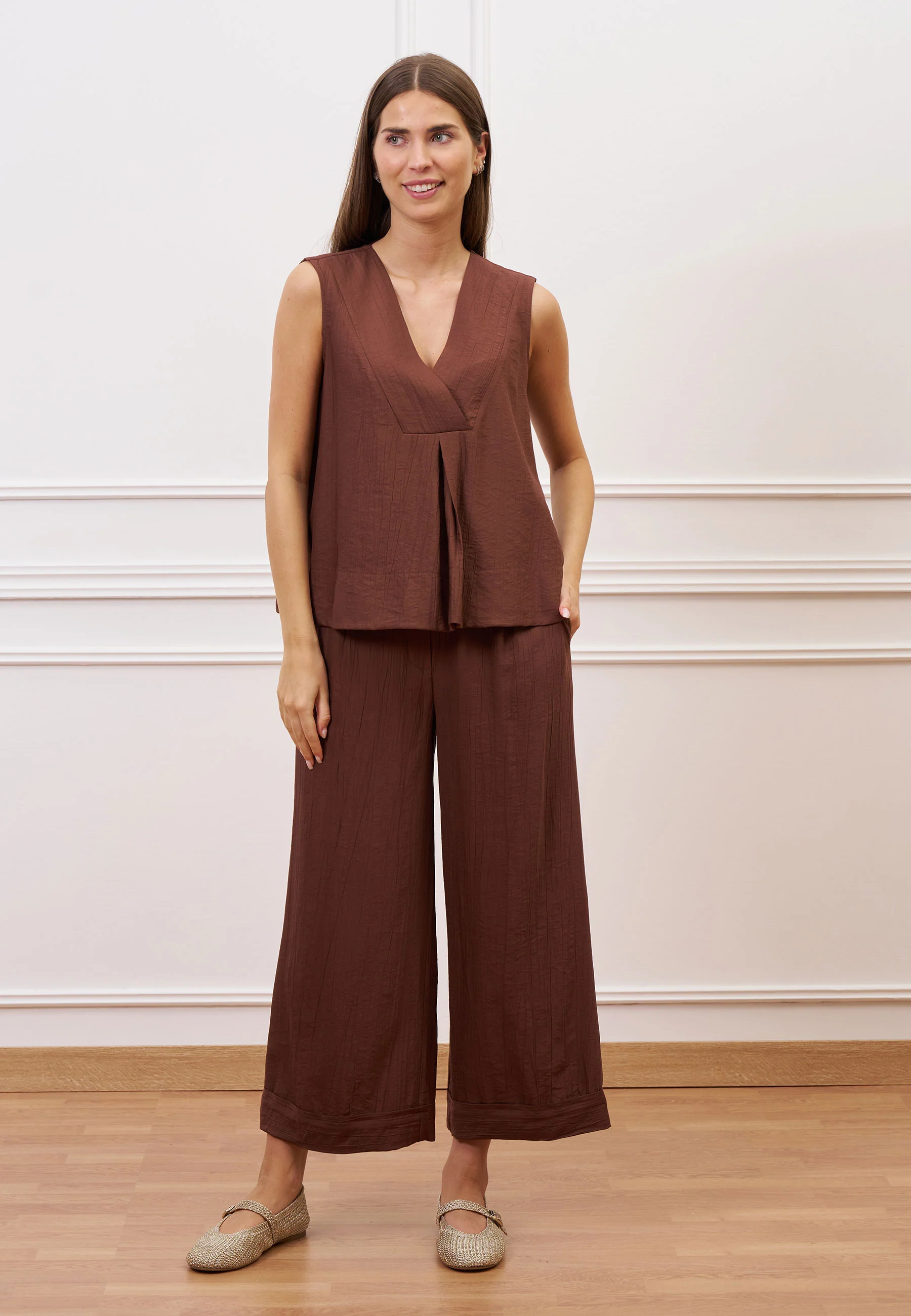 Blusa smanicata effetto stropicciato - NOCCIOLA - Image 4