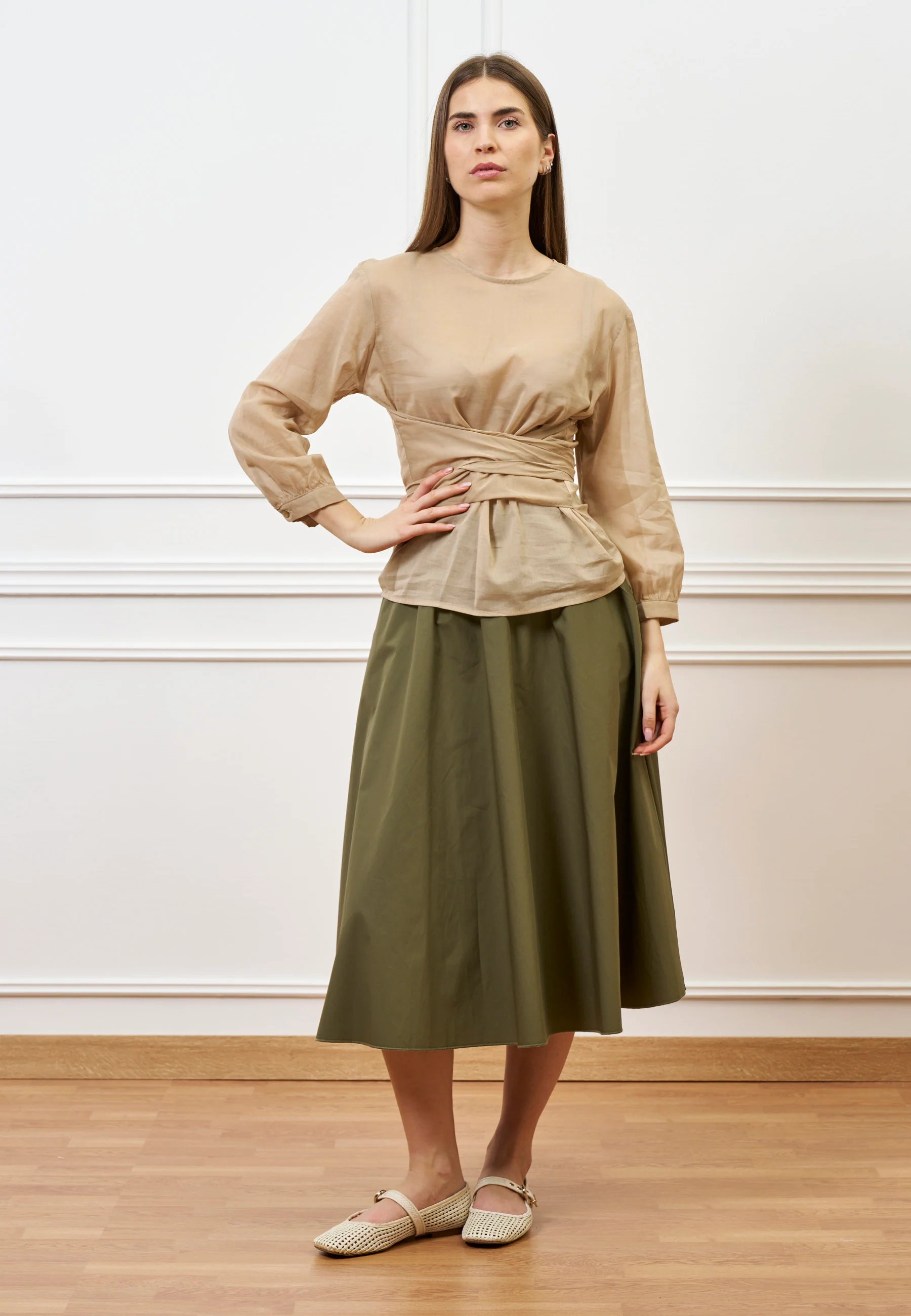 Blusa voile con fusciacca - BEIGE - Image 3
