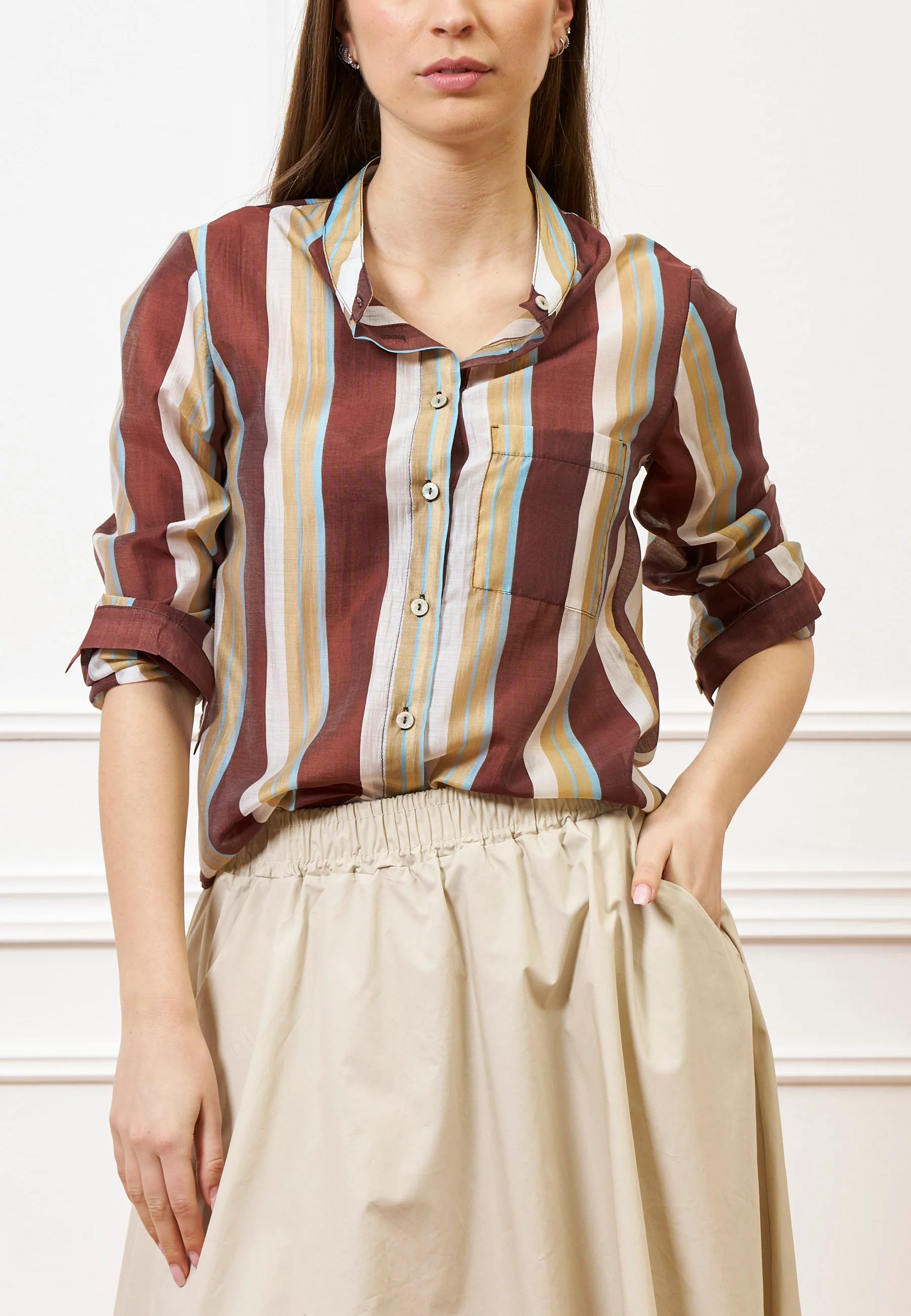 Camicia a righe con collo alla coreana - MARRONE - Image 2