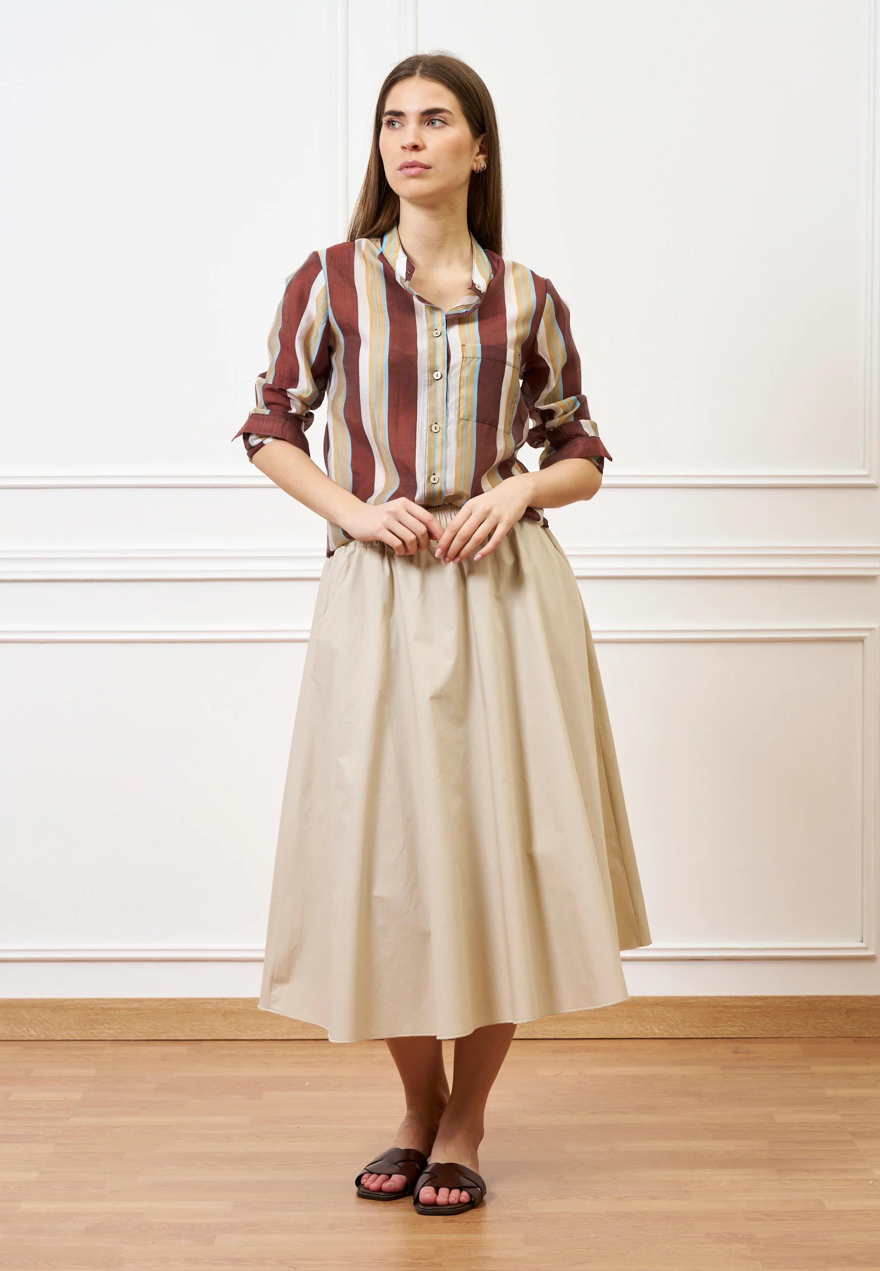 Camicia a righe con collo alla coreana - MARRONE - Image 3