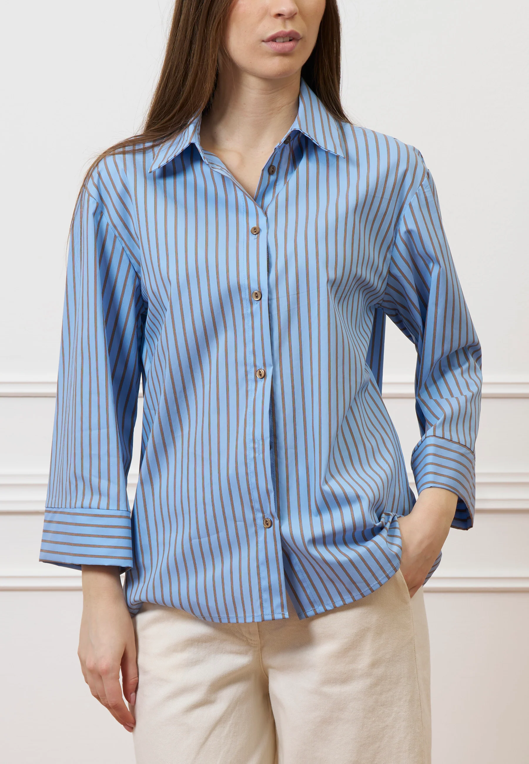 Camicia a righe con manica ampia - AZZURRO/TABACCO - Image 4