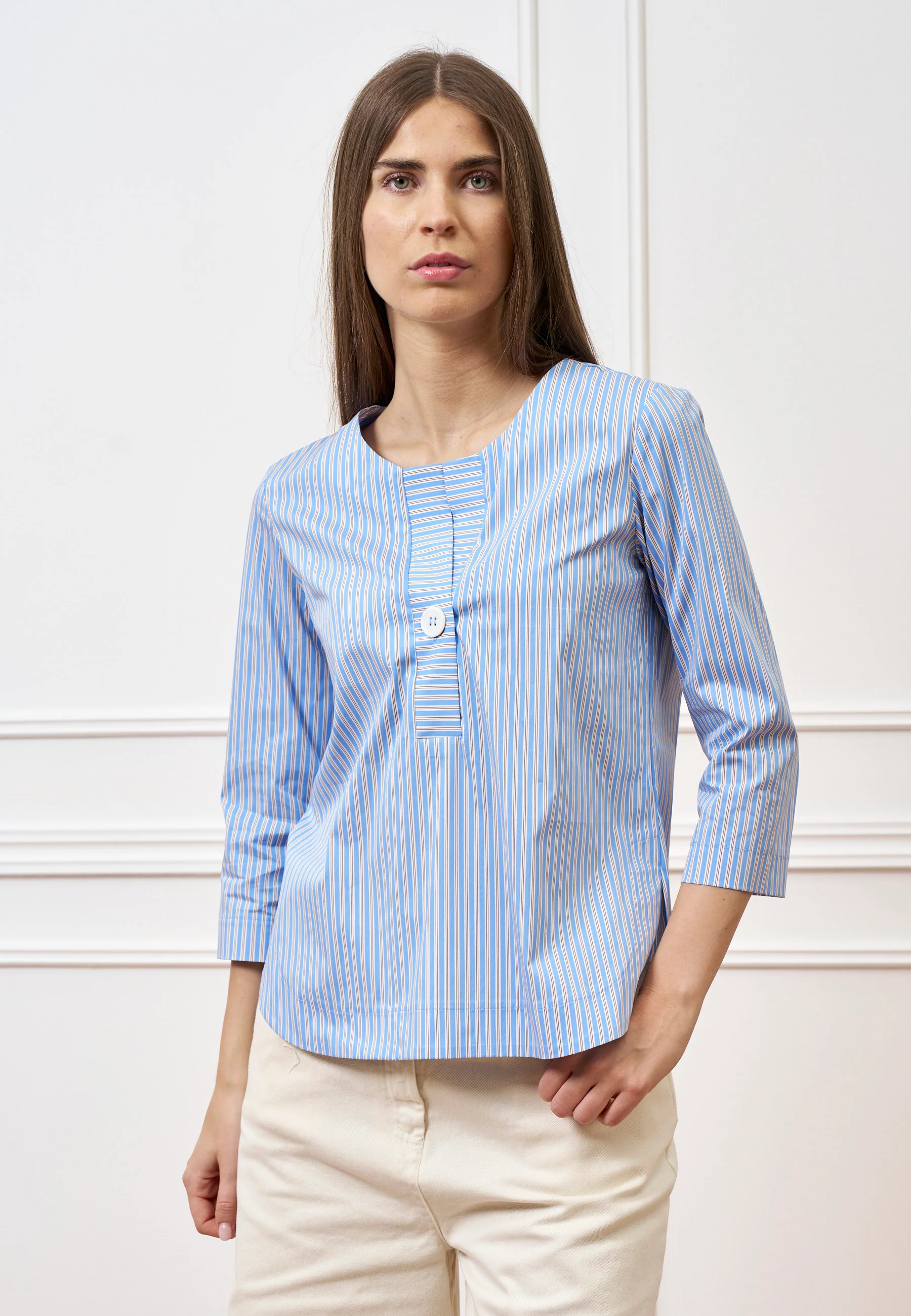 Camicia a righe con maniche trequarti - CELESTE