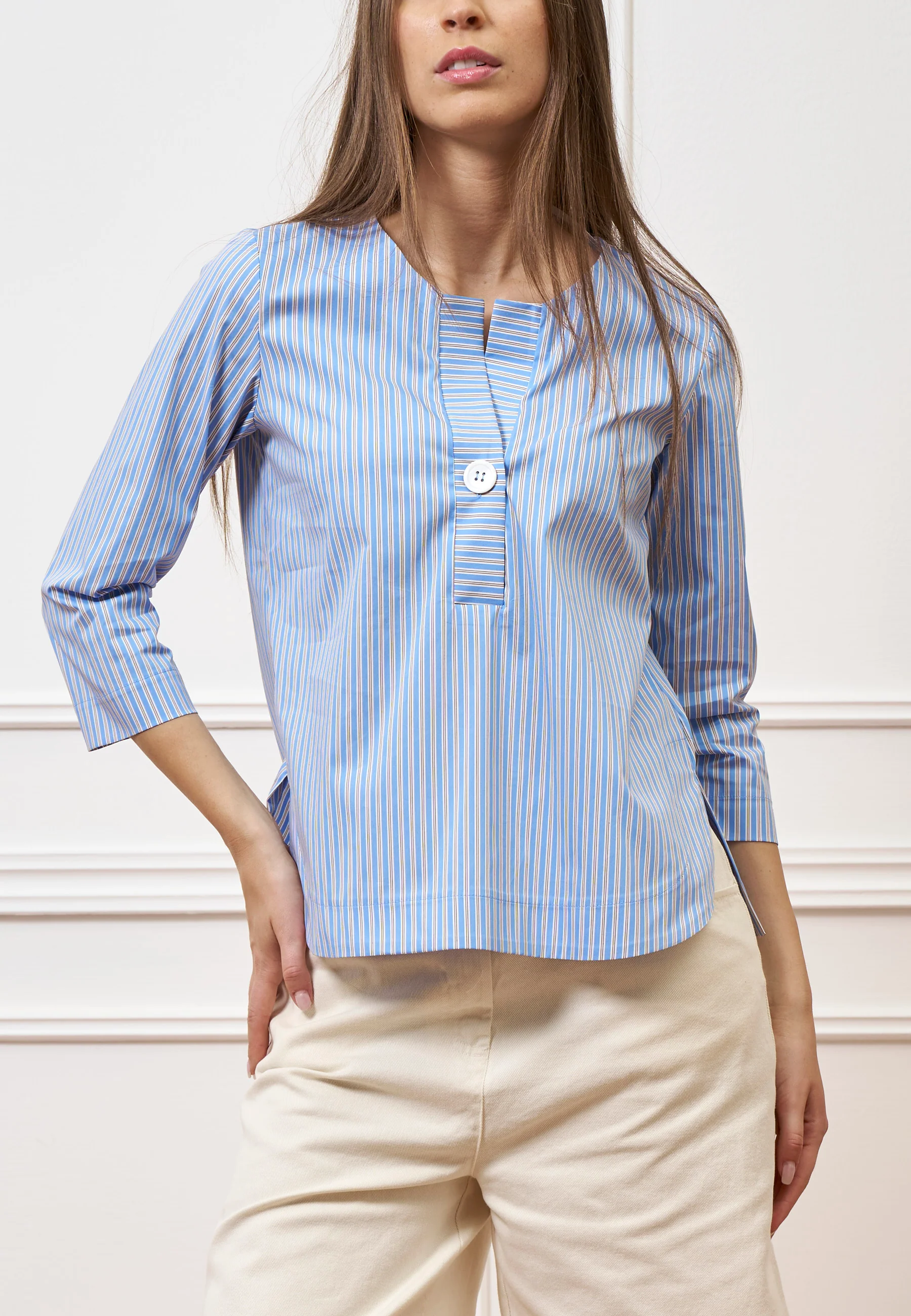 Camicia a righe con maniche trequarti - CELESTE - Image 2