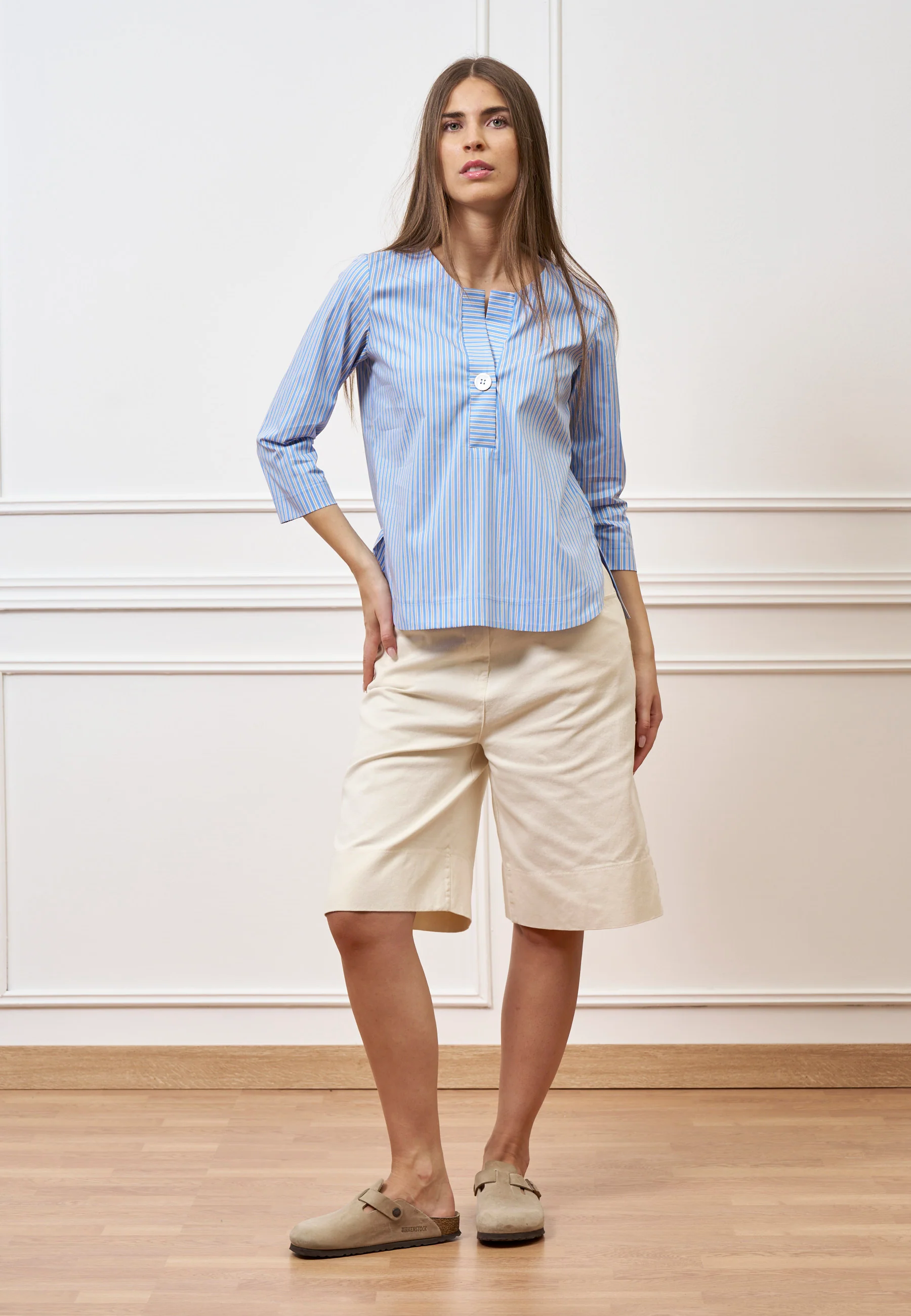 Camicia a righe con maniche trequarti - CELESTE - Image 4