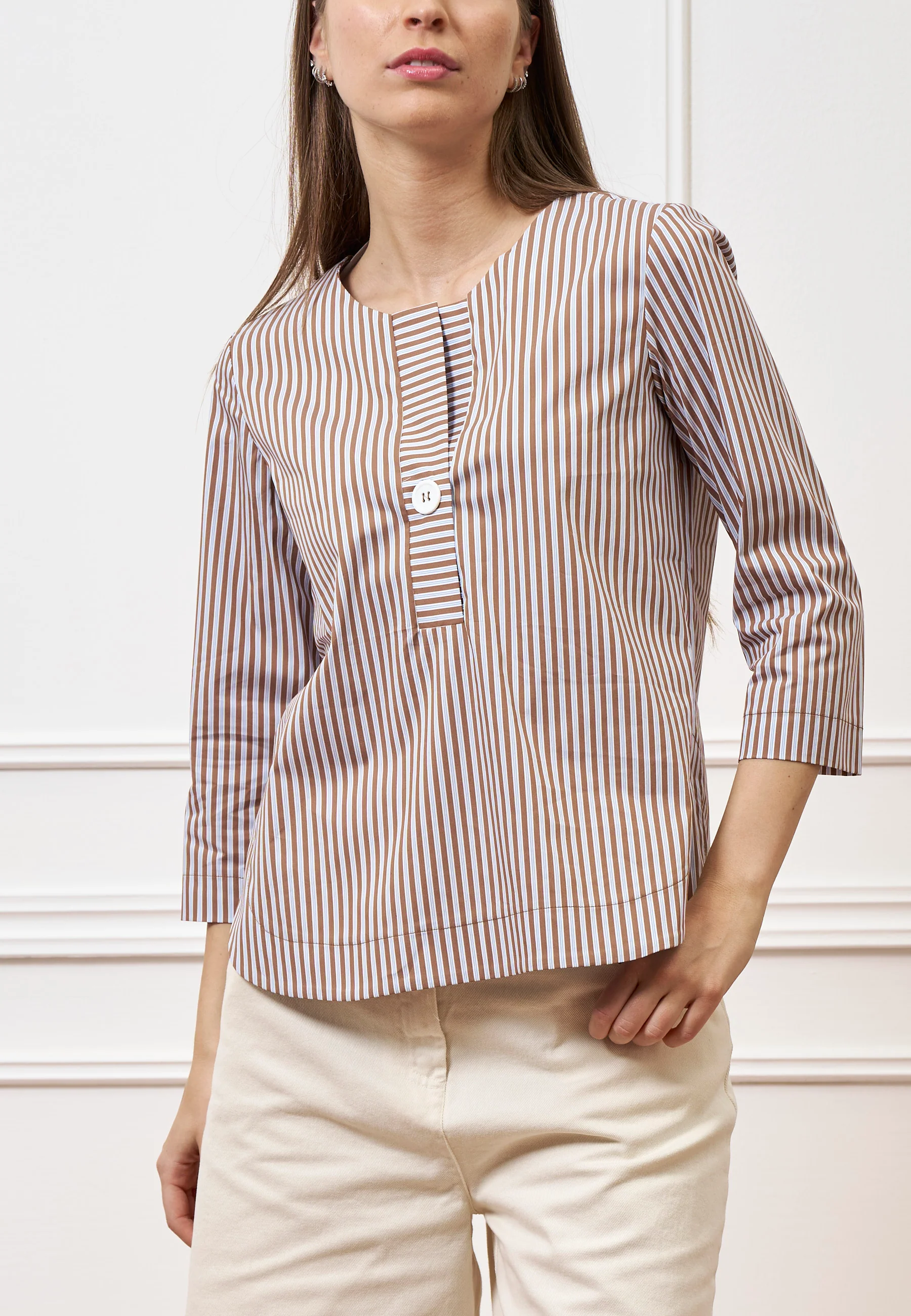 Camicia a righe con maniche trequarti - MARRONE - Image 2
