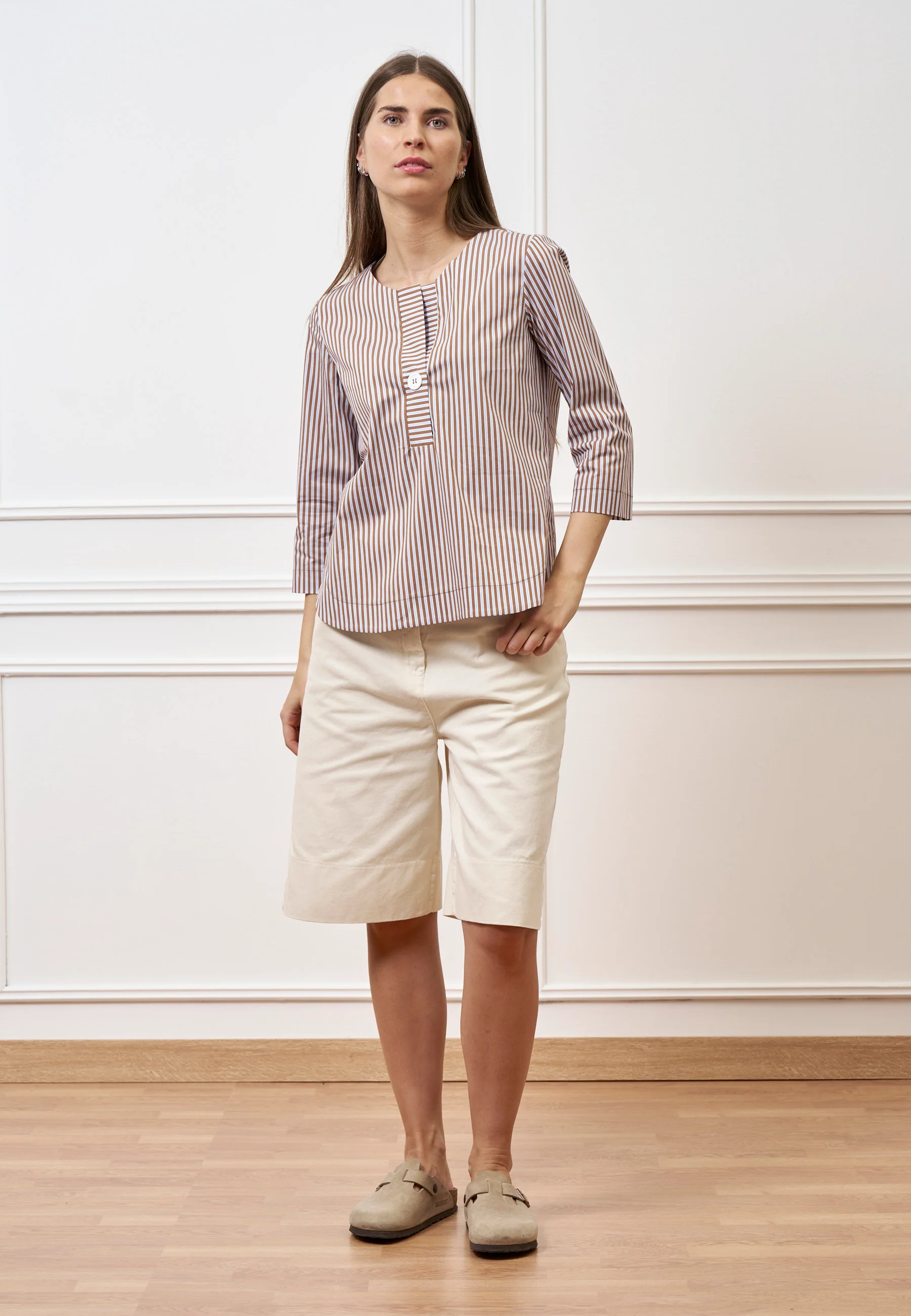 Camicia a righe con maniche trequarti - MARRONE - Image 3