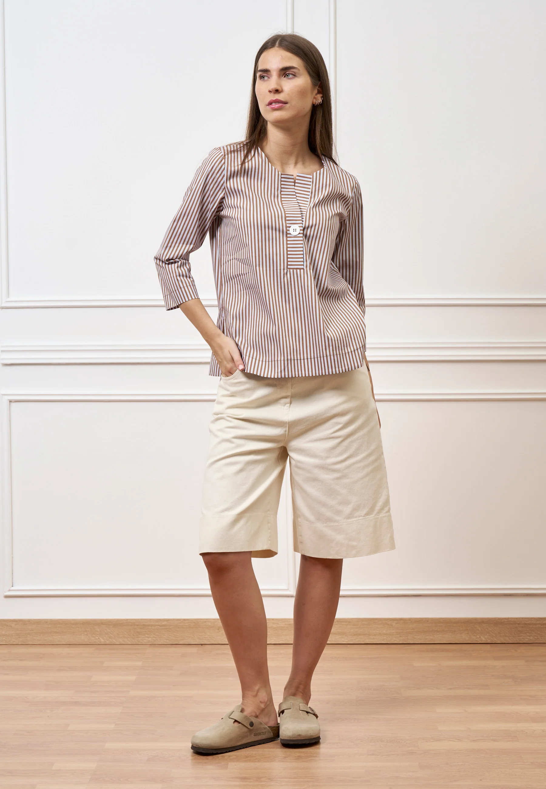 Camicia a righe con maniche trequarti - MARRONE - Image 4