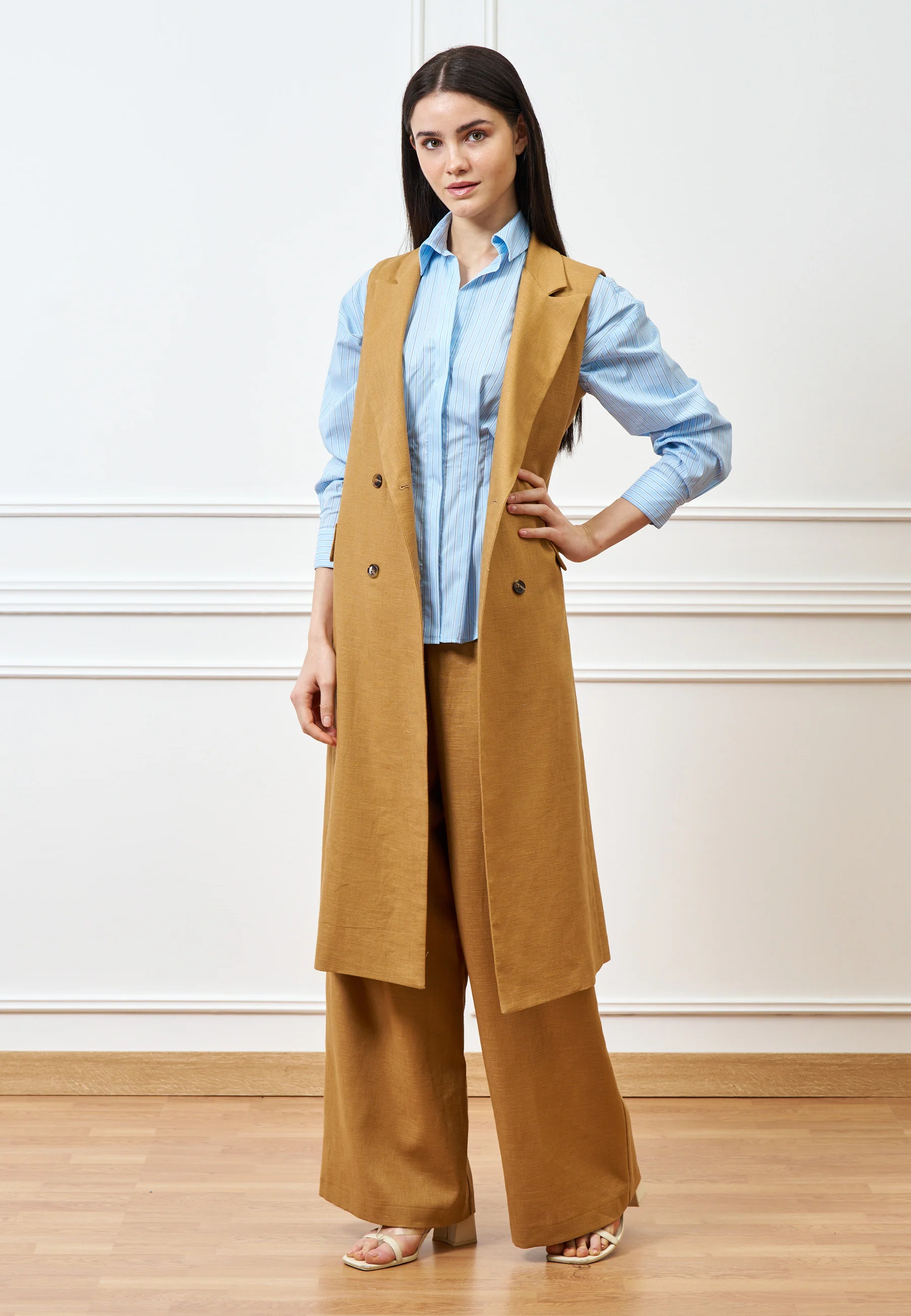Camicia a righe con pince in vita - CELESTE - Image 7