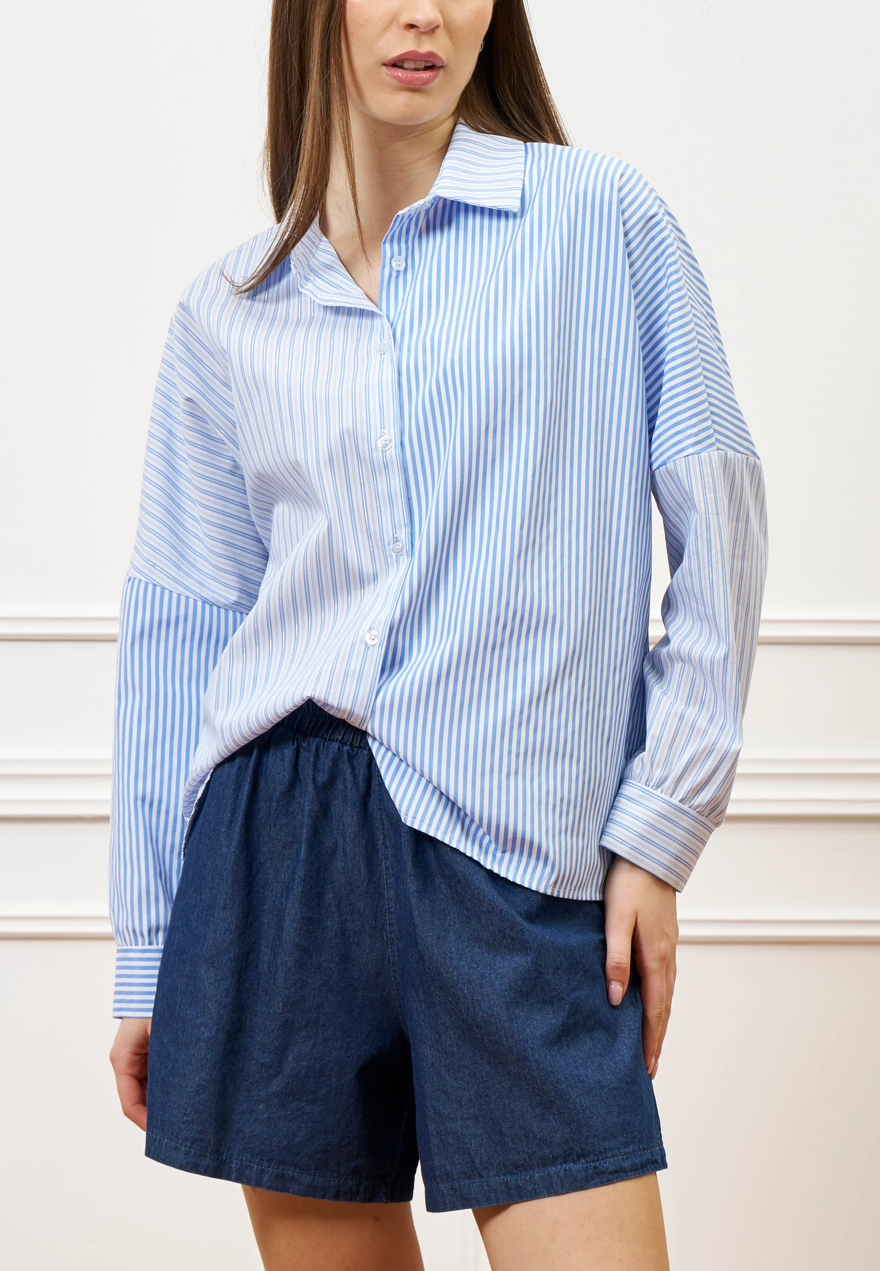 Camicia a righe sfalsate - BIANCO/CELESTE