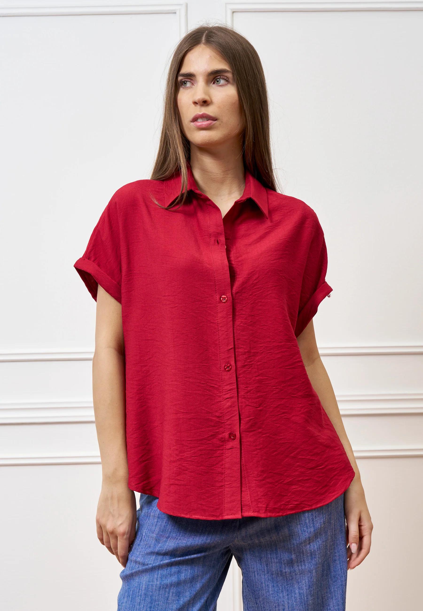 Camicia ampia in viscosa con maniche corte - BORDEAUX - Image 3