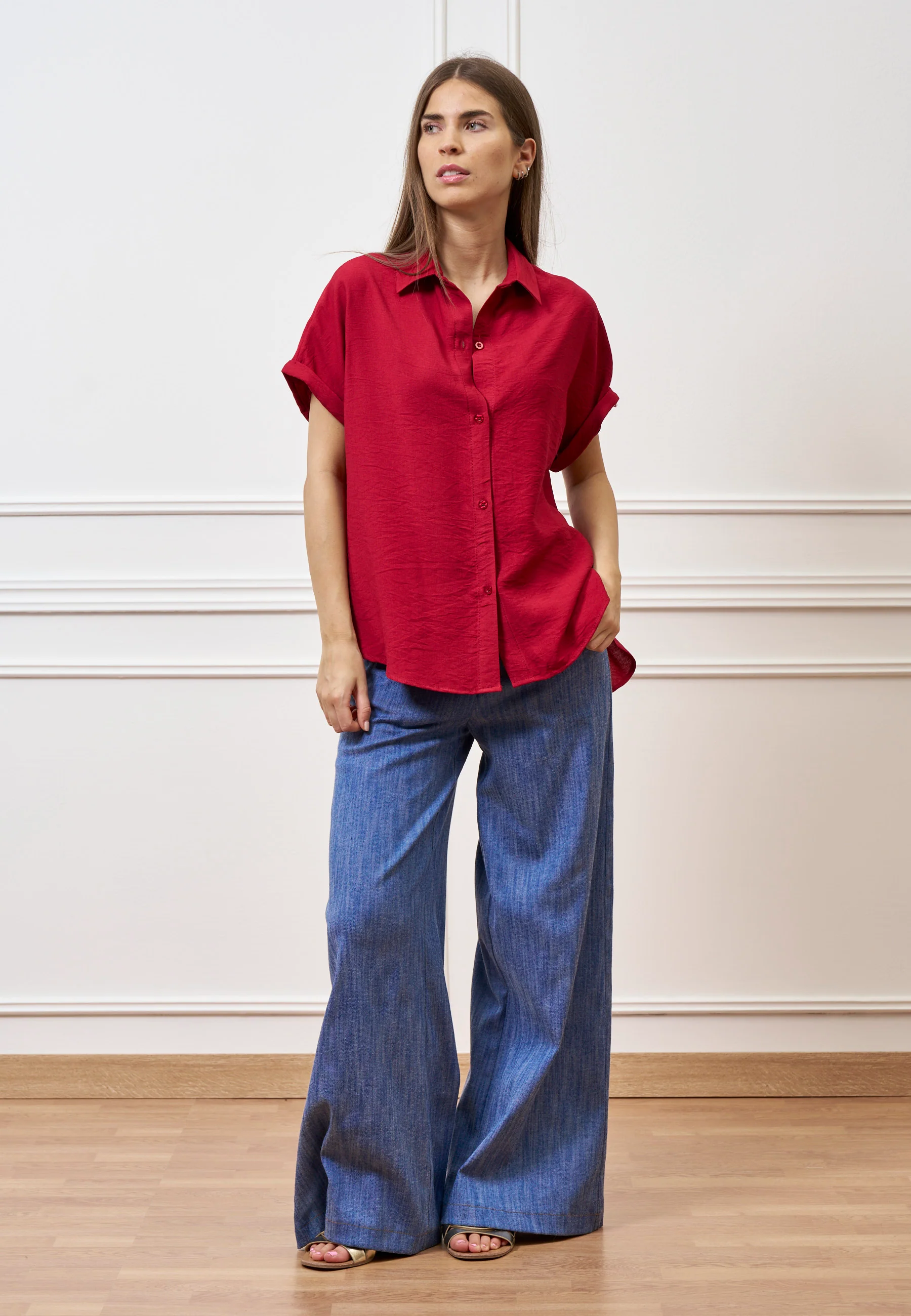 Camicia ampia in viscosa con maniche corte - BORDEAUX - Image 5