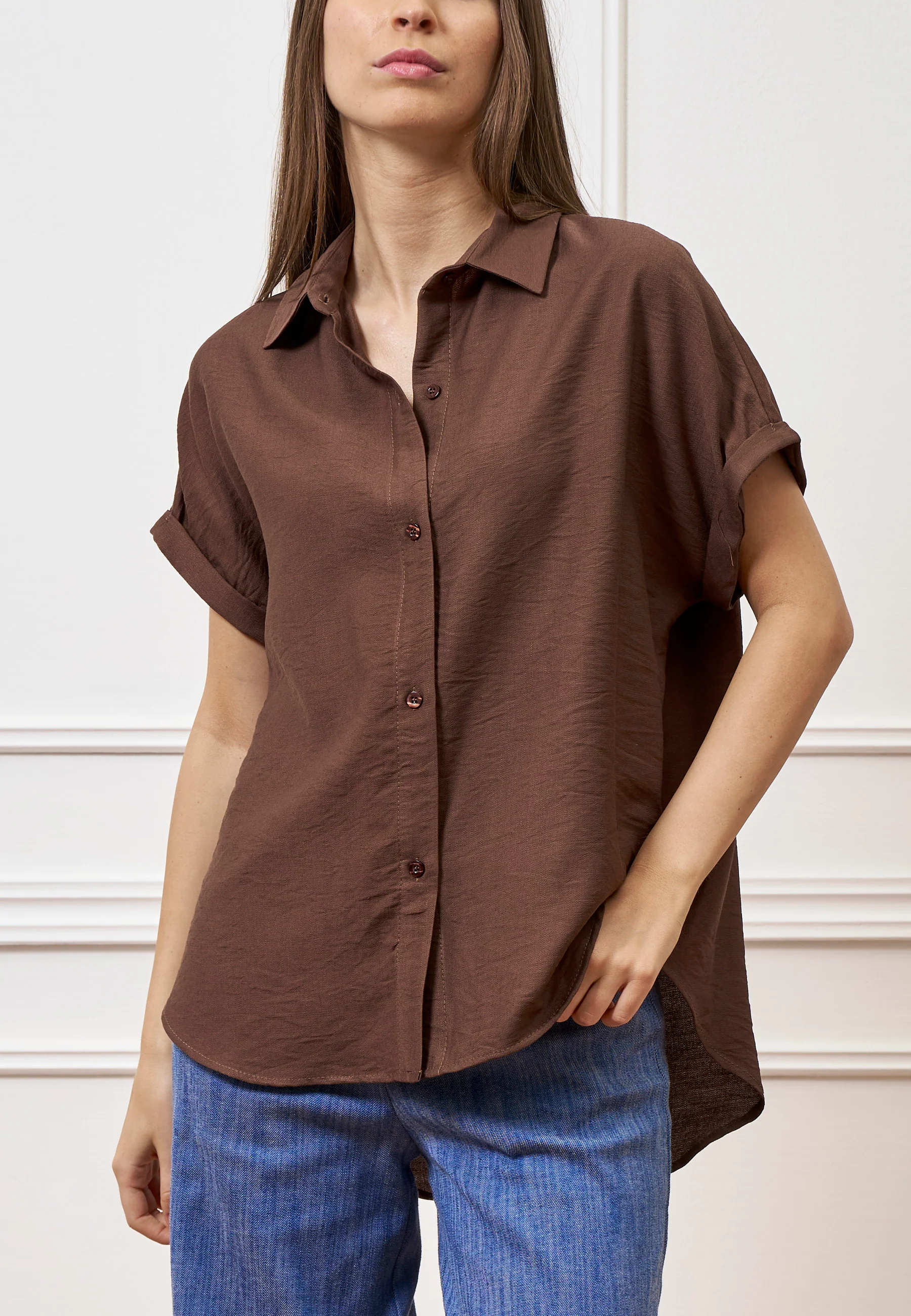 Camicia ampia in viscosa con maniche corte - MARRONE - Image 3