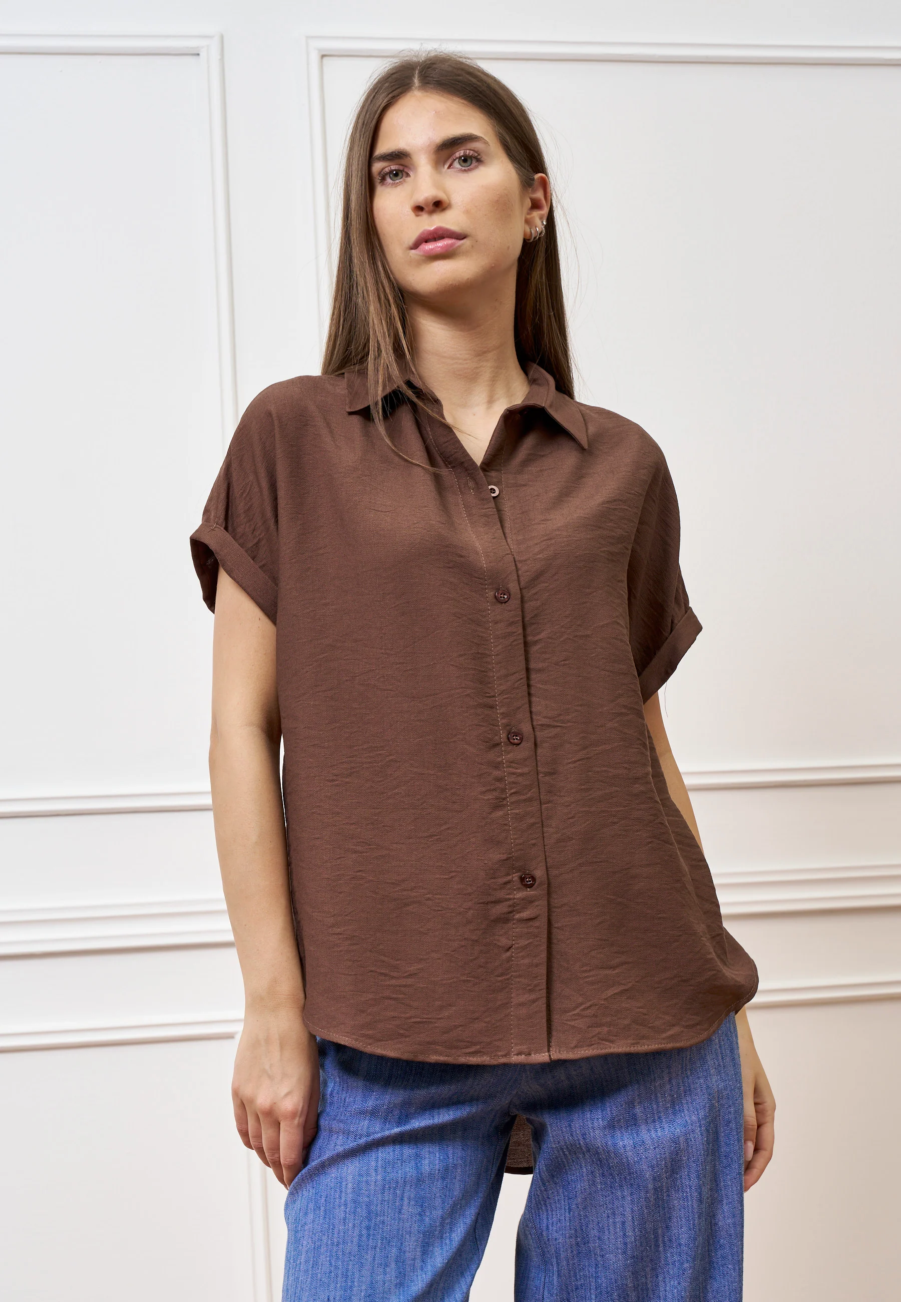 Camicia ampia in viscosa con maniche corte - MARRONE - Image 4