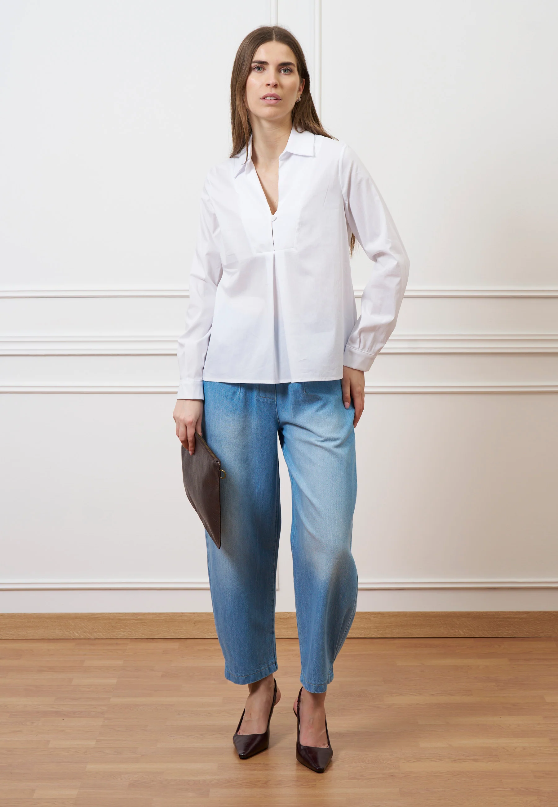 Camicia con scollo a v in popeline - BIANCO - Image 5