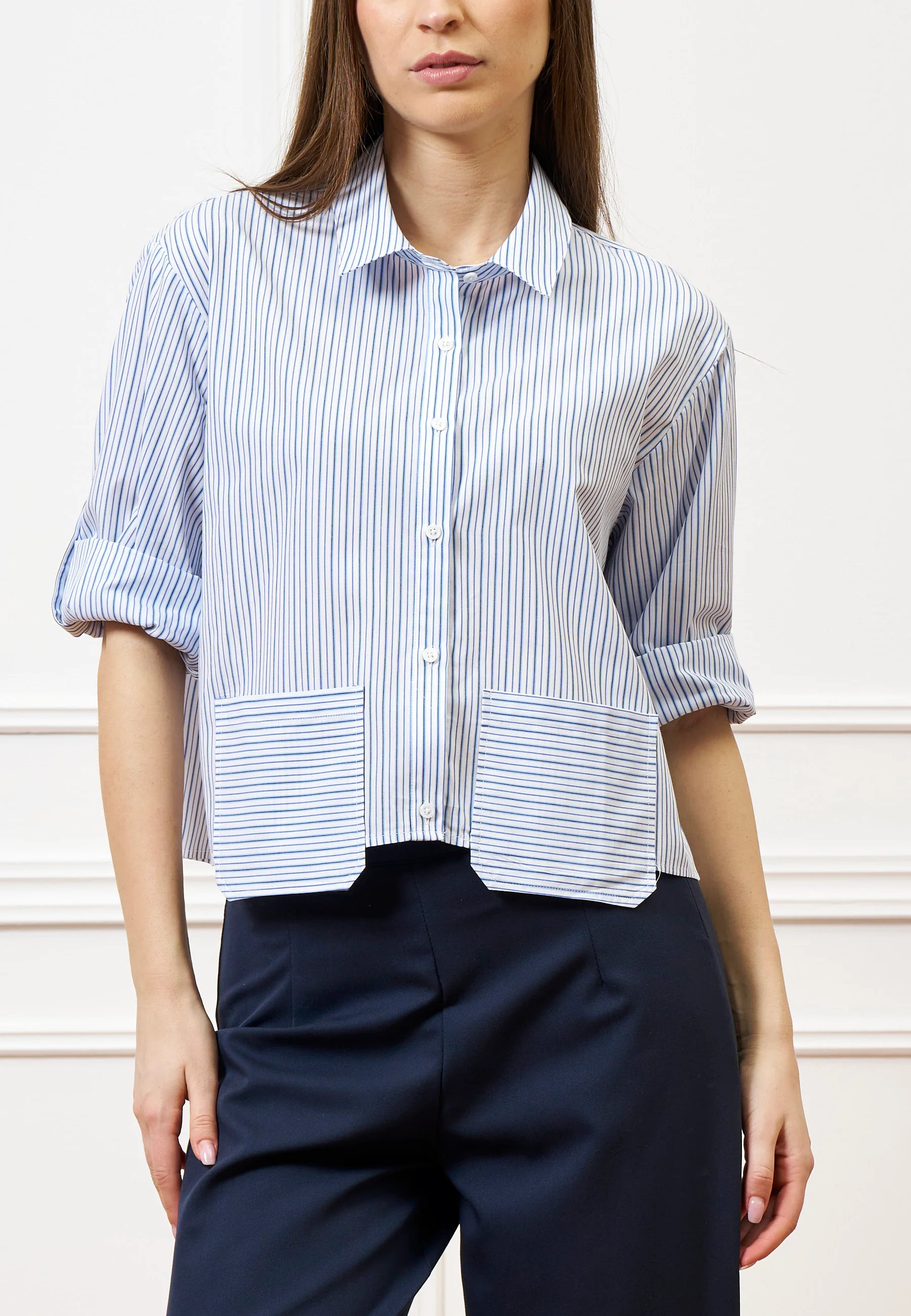 Camicia crop a righe con tasche - BIANCO/BLU