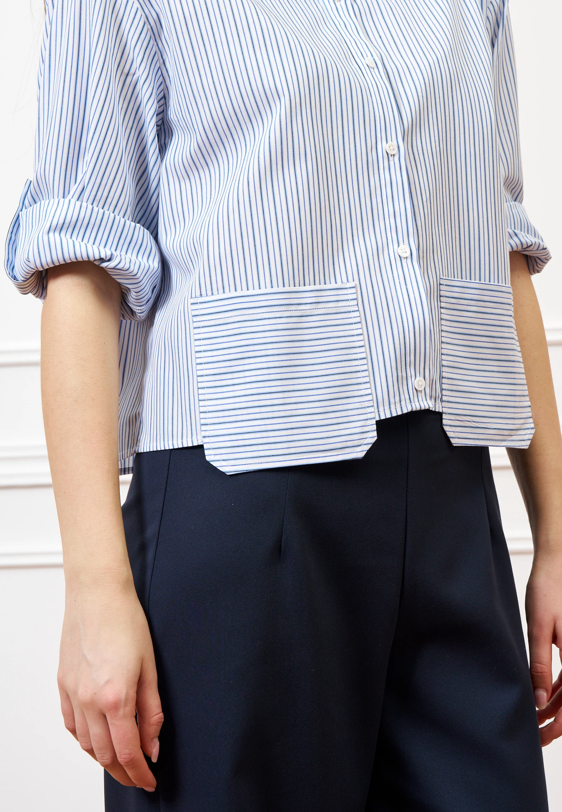 Camicia crop a righe con tasche - BIANCO/BLU - Image 2