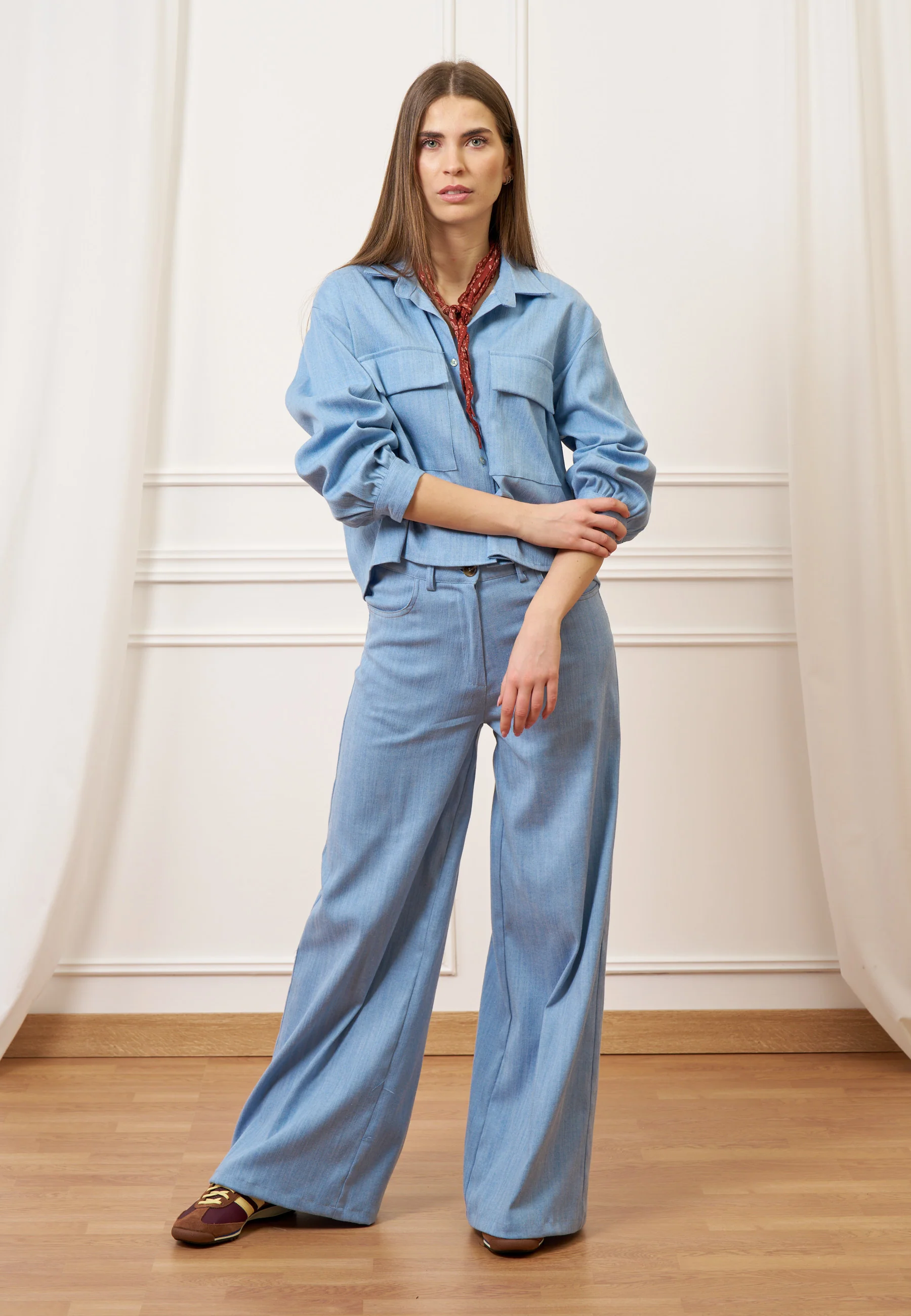 Camicia crop effetto denim - CELESTE - Image 4