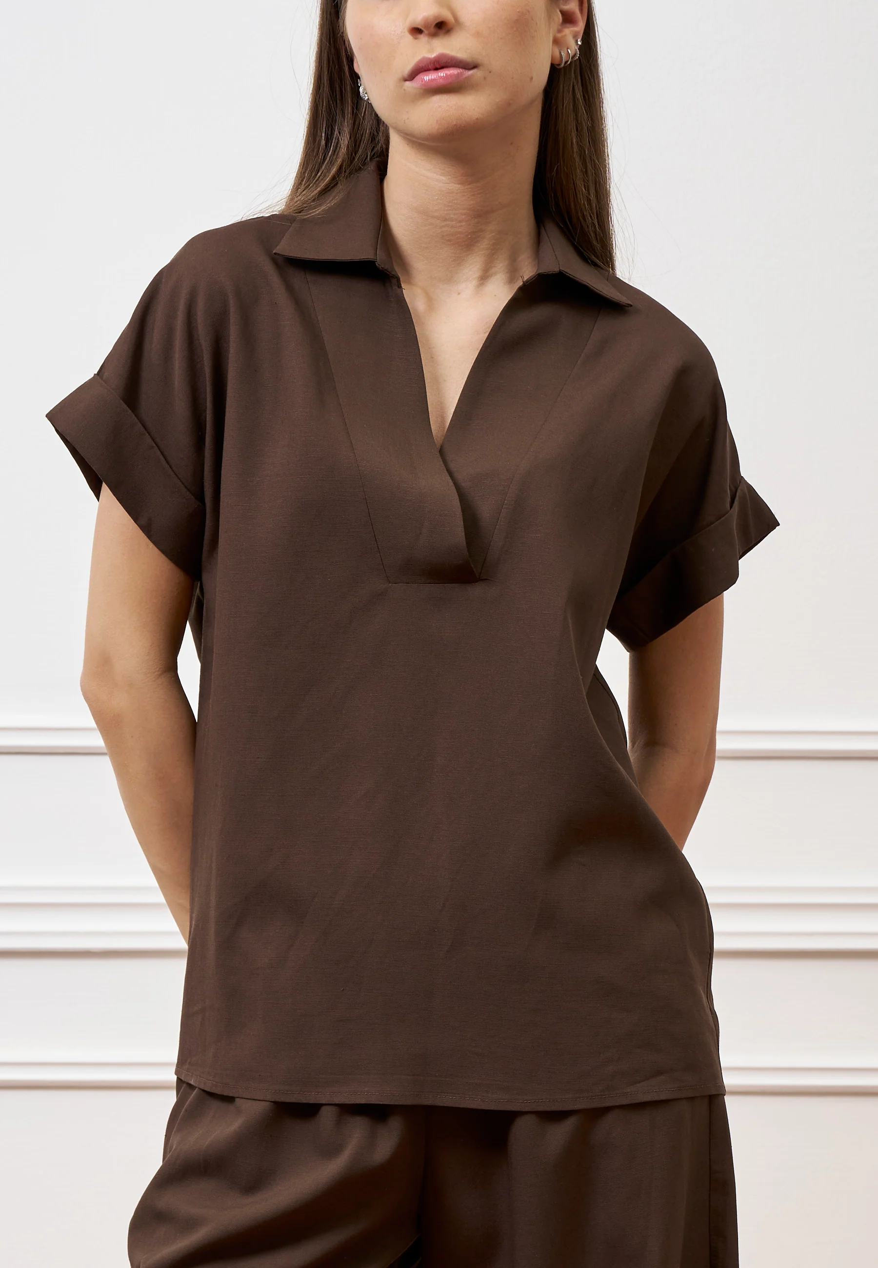 Camicia mezze maniche in lino e viscosa - MARRONE