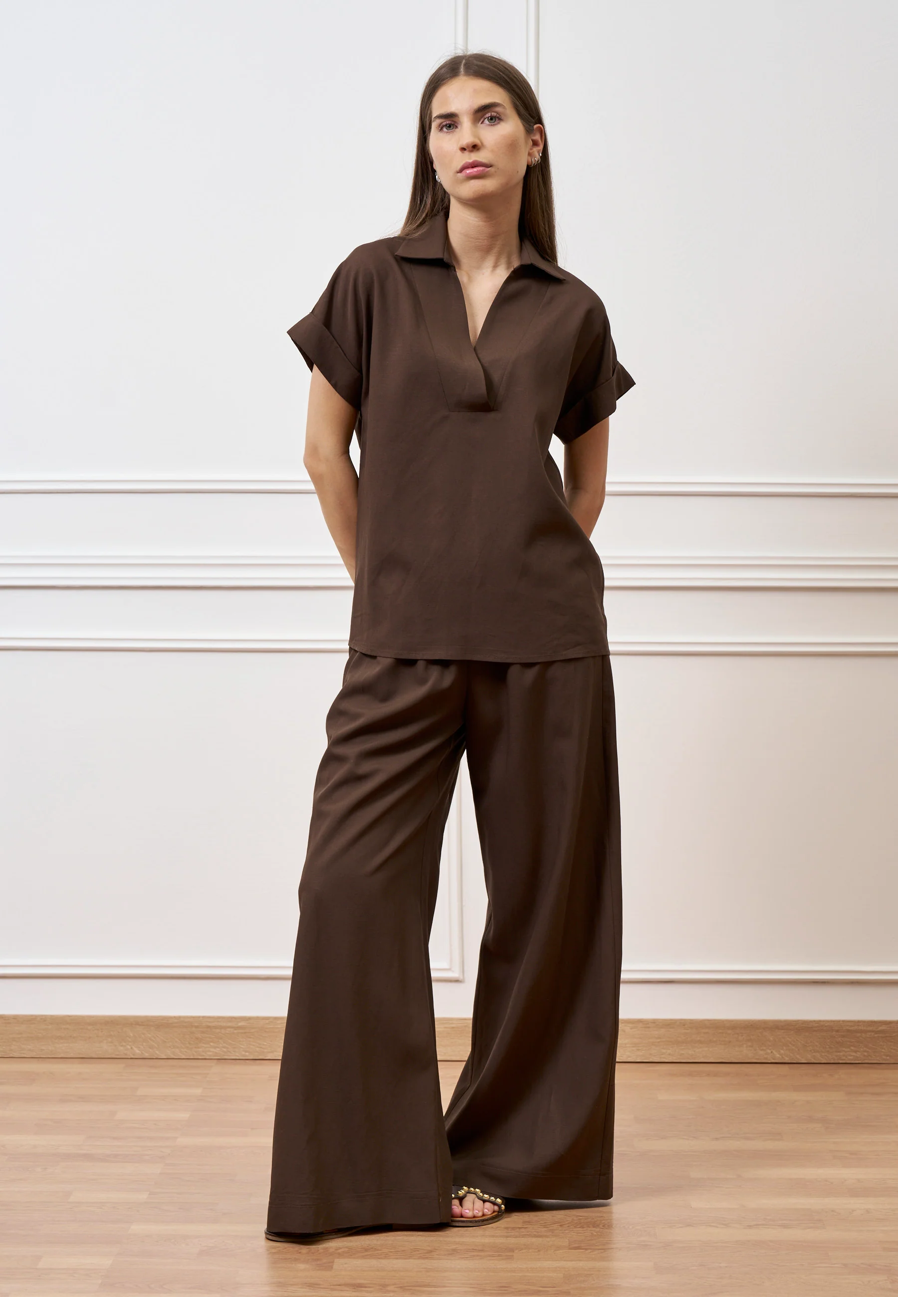 Camicia mezze maniche in lino e viscosa - MARRONE - Image 3
