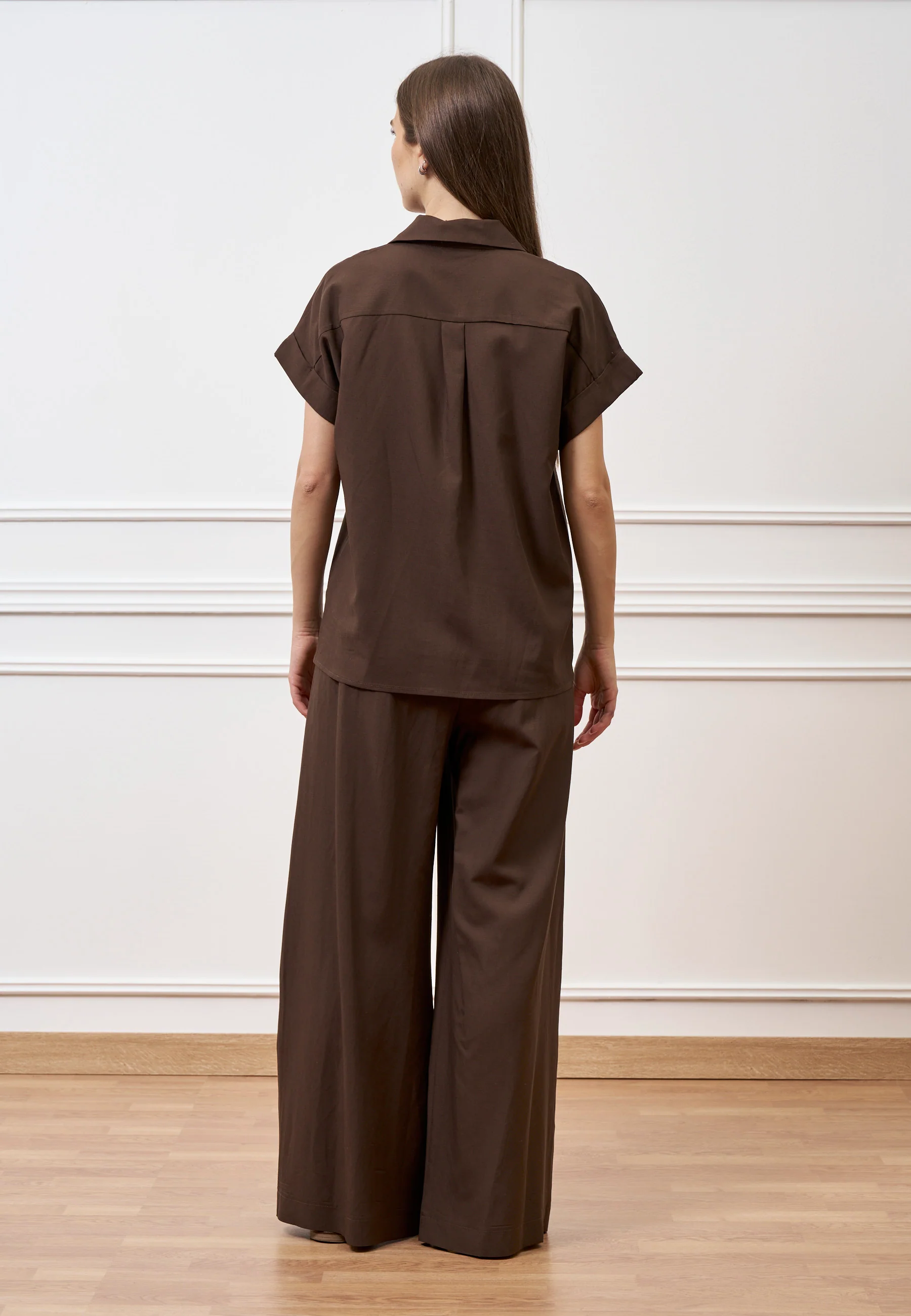 Camicia mezze maniche in lino e viscosa - MARRONE - Image 5