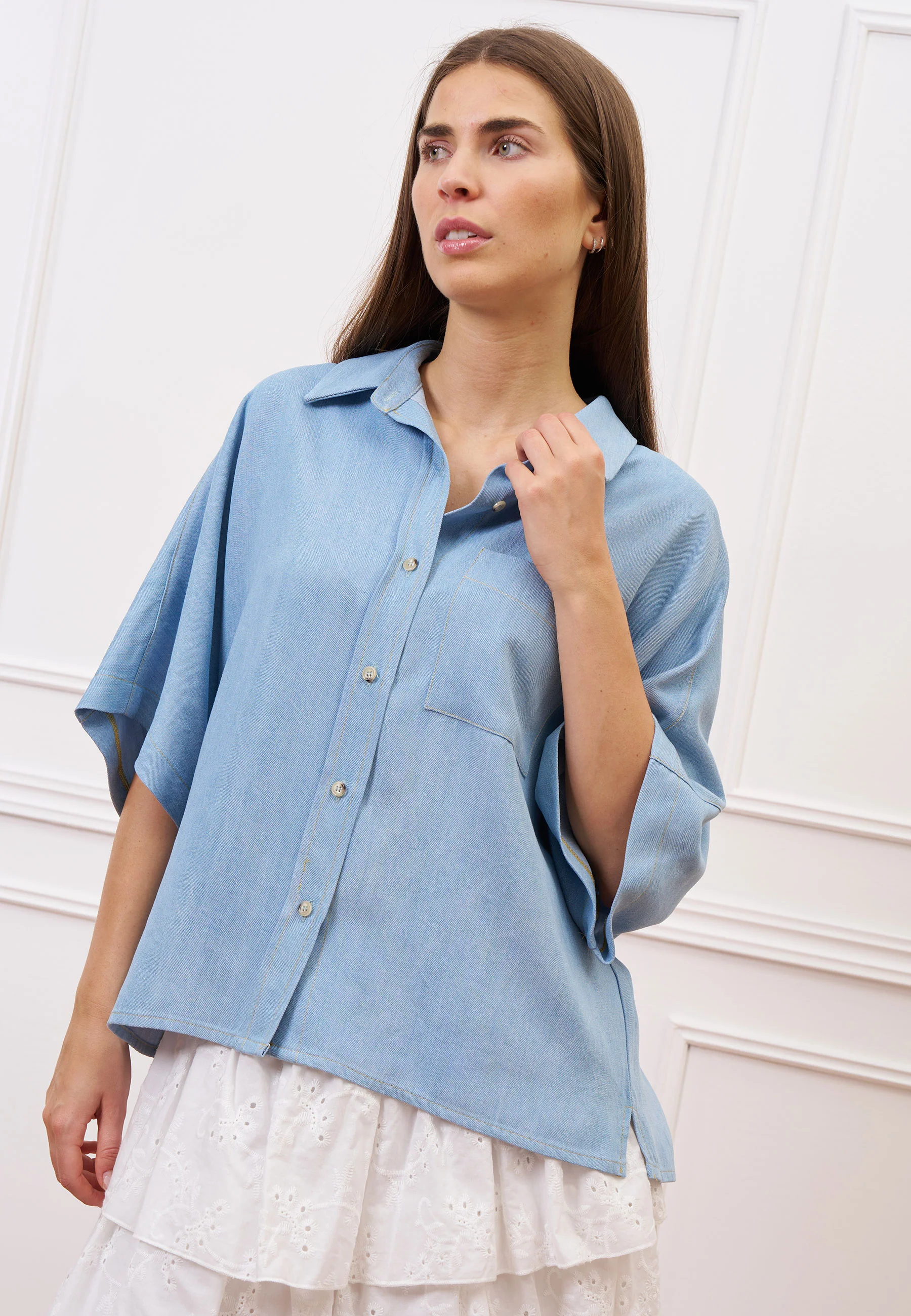 Camicia over effetto denim maniche corte - CELESTE