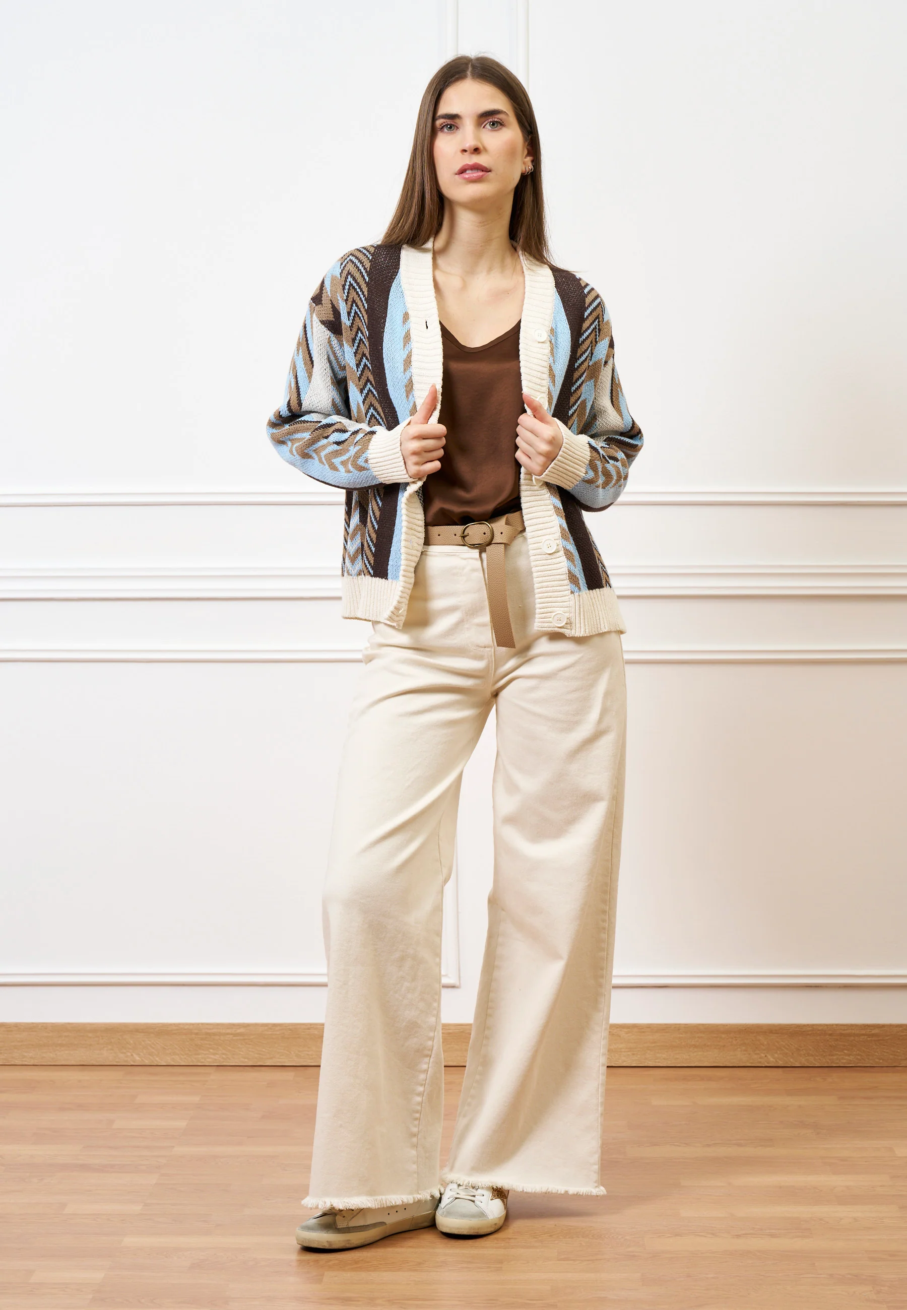 Cardigan motivo geometrico - CELESTE/TABACCO - Image 3