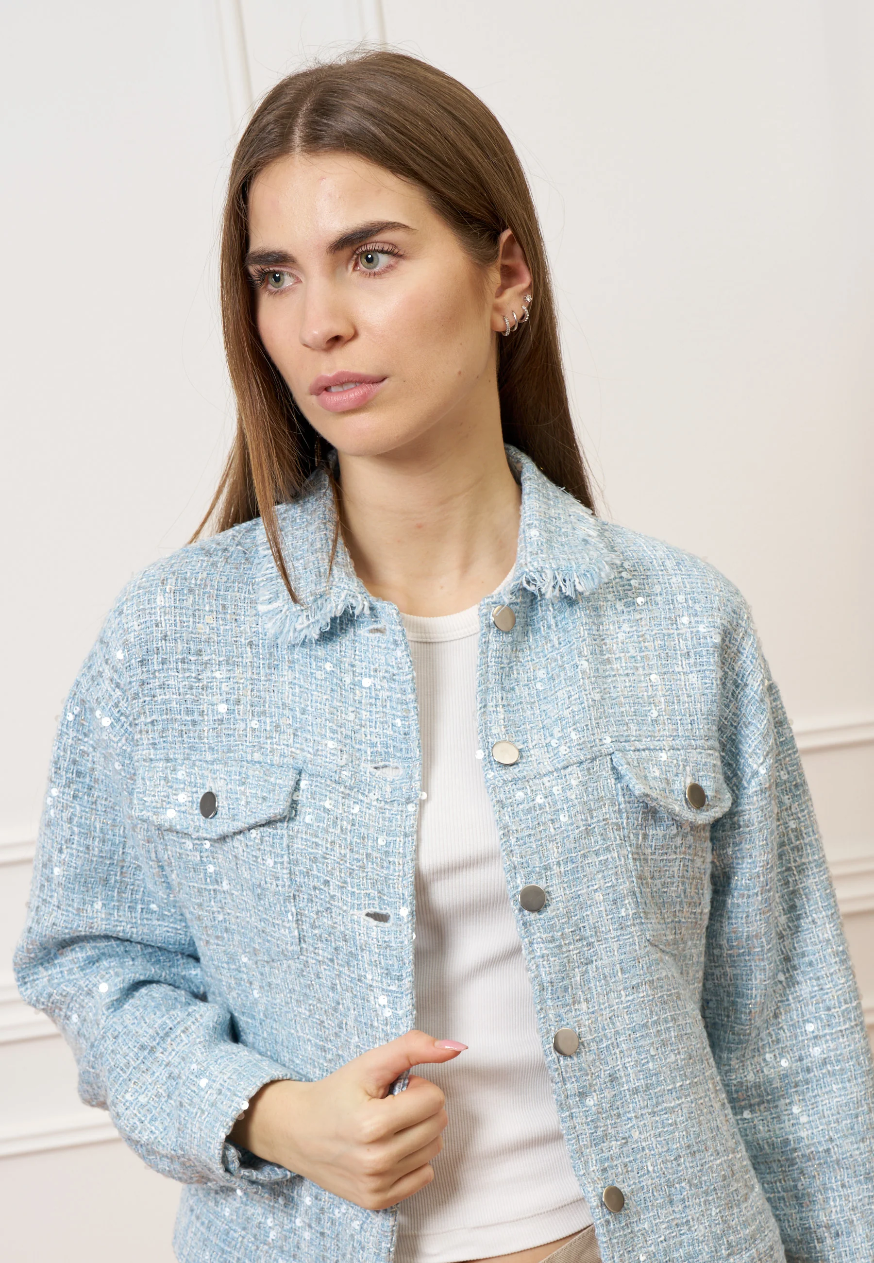 Giacca over in tweed con paillettes - CELESTE - Image 3