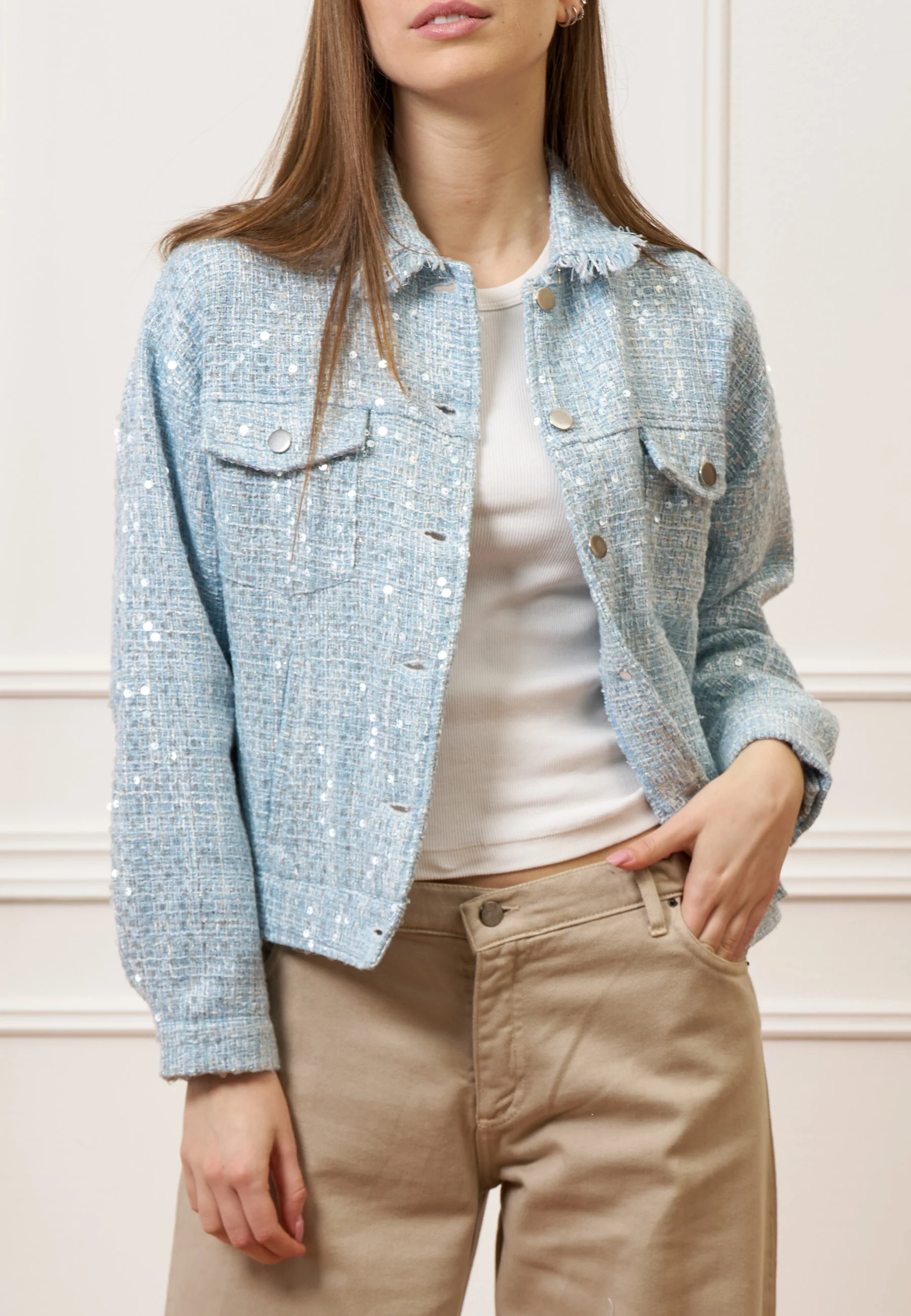 Giacca over in tweed con paillettes - CELESTE - Image 4